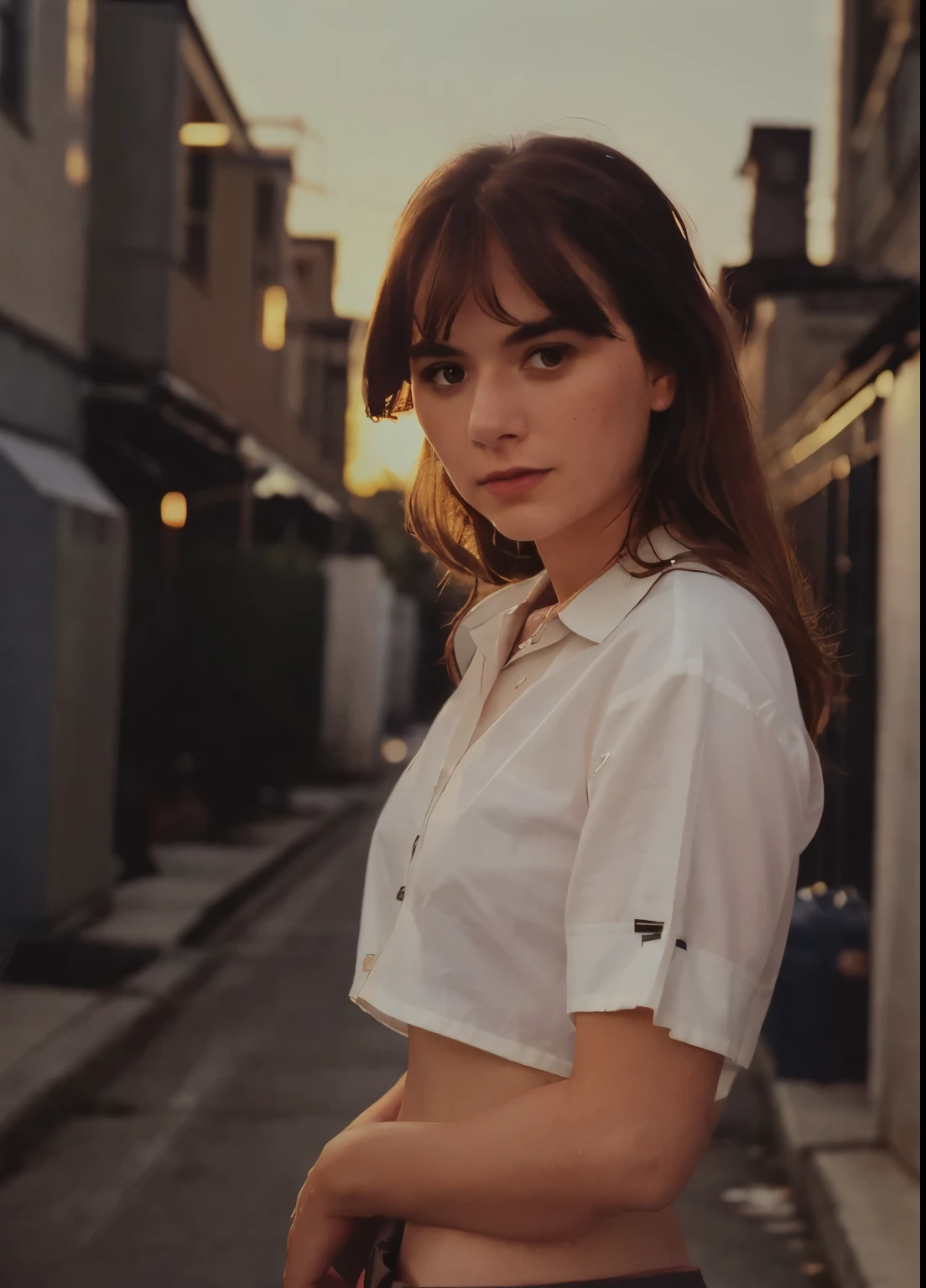 35mm, Fuji Superia 1600, ISO-1200, f/4, 0, 1/60, a night time, dimly lit close-up shot photo of (((loraemjones:0.45))) wearing a (white shirt with the word Patagonia written on it), and jeans, ((lora:Polaroid Type_600_B_1.1:1)) in a dark small town alley with faraway cars passing behind her