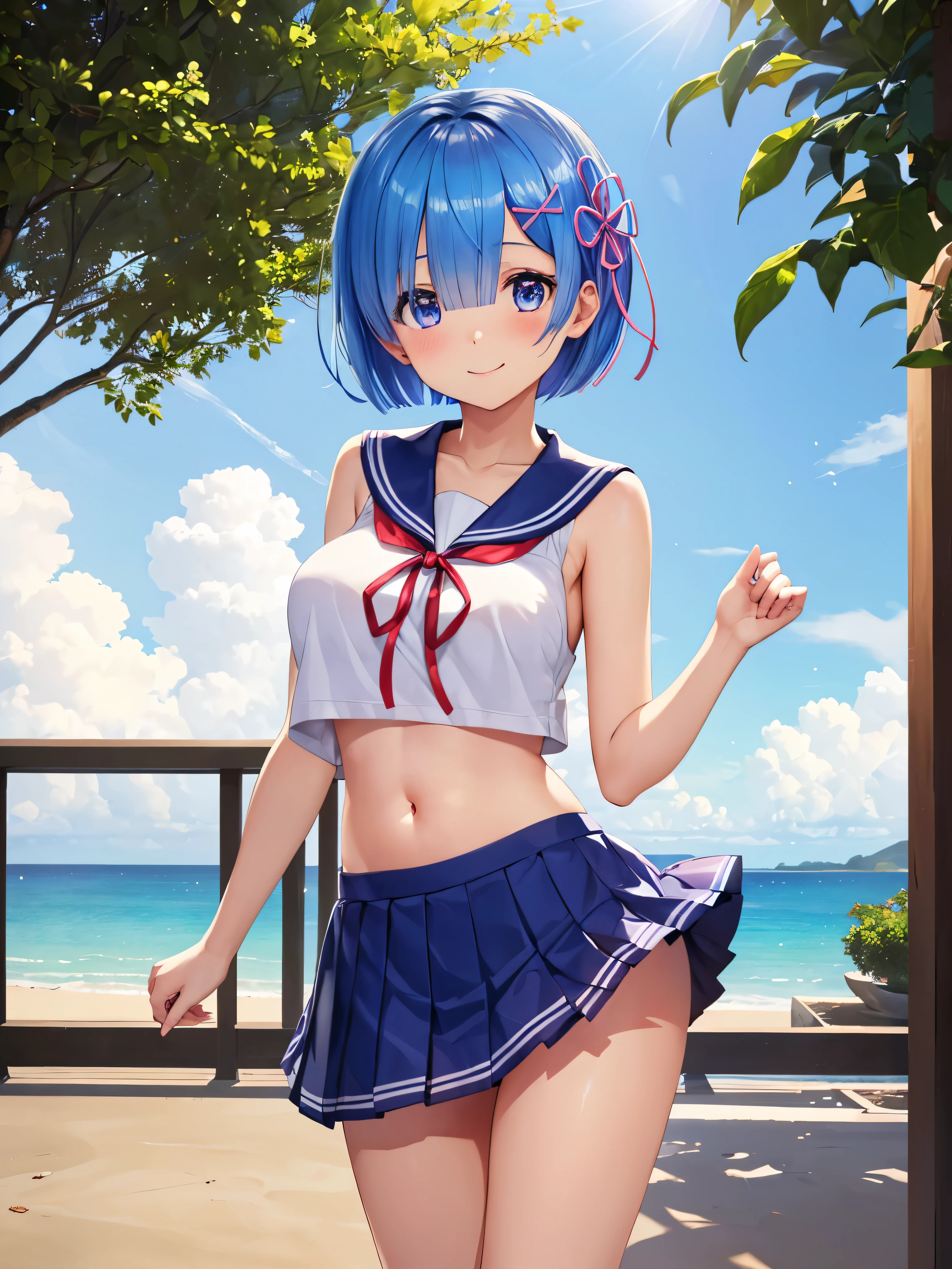 masterpiece, best quality, ultra detailed, ((rem,Re:NULL,blue hair,short bob hair,wavy hair)),beautiful face,smile,(big breasts),(school uniform, sailor suit)),cowboy shot, おbelly button,beautiful girl,
(Sailor suit with collar (red) big ribbon), (sleeveless, No sleeve)),beach,Blue sky,White cloud,sunshine,
(clavicle), (bare shoulders, bare arms)), ((belly button, naked belly））、
(pleated mini skirt), (Intercrural legs).
(white socks), (loafers),
