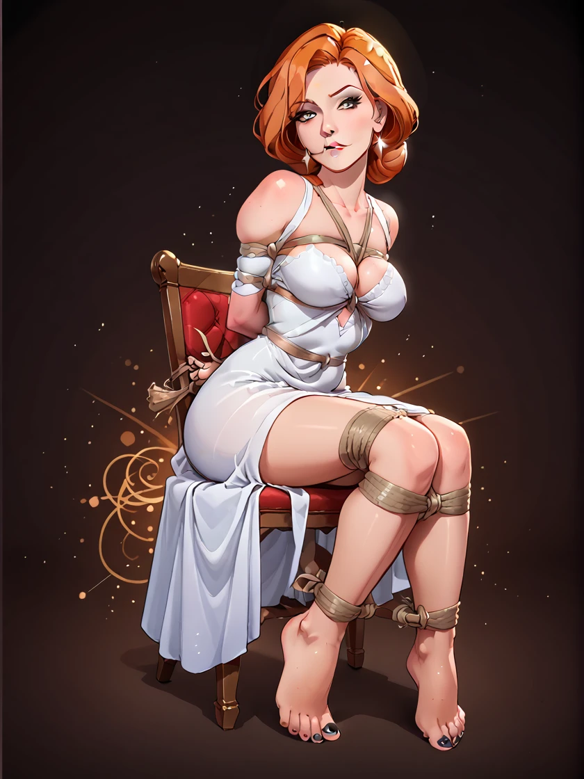 score_9, score_8_up, score_7_up, score_6_up, score_5_up,
loisgriffin, mature woman, orange hair, white gown, abstract background, dark background,5 toes, black toe nails, Focus full body, sit on a chair, tied ankles together,tied arms,(((barefoot)))
 masterpiece, best quality, sharp_detail, 