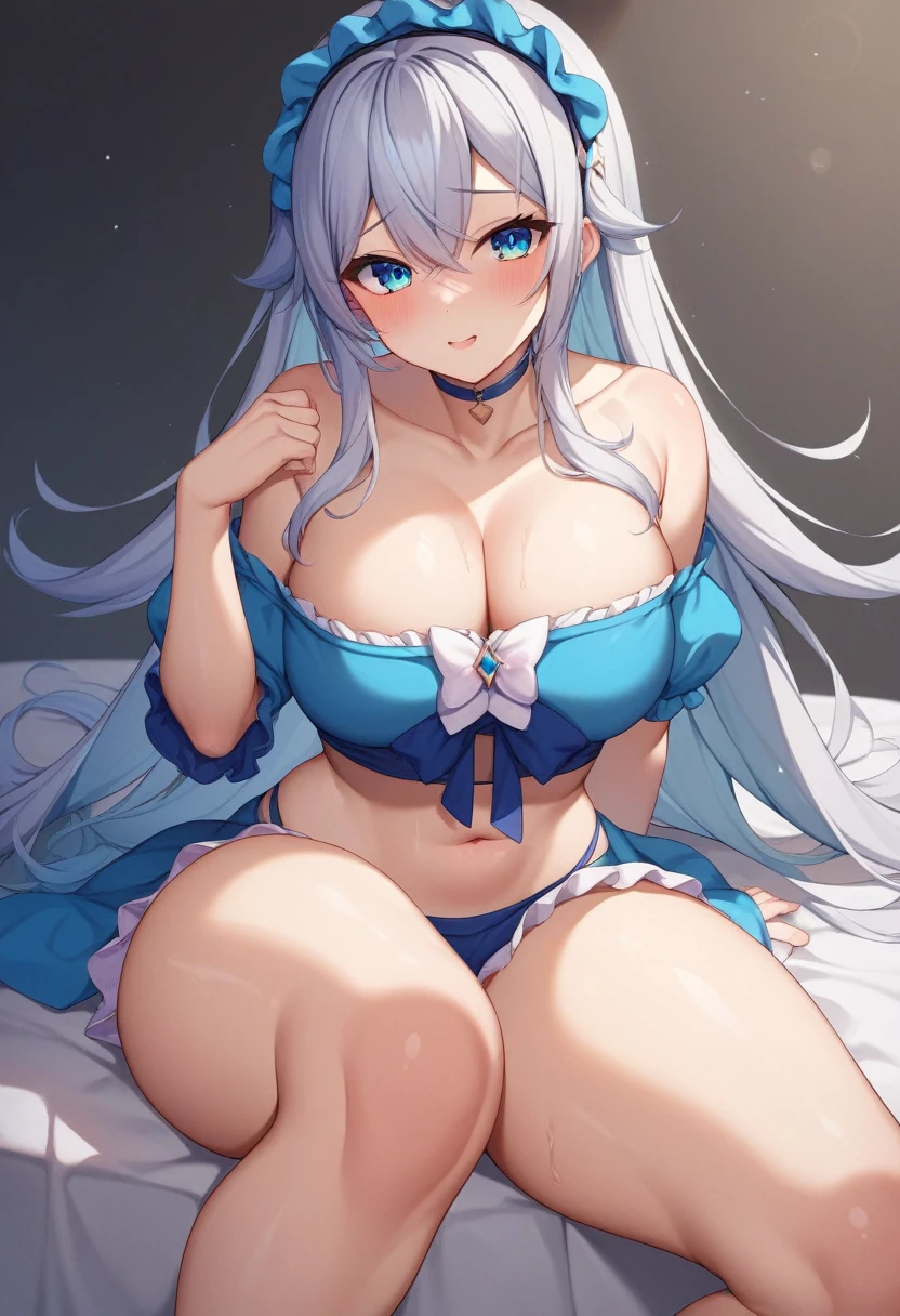 One girl、Long Hair、Slightly large chest、（Slightly large chest：1.4)、Big thighs、（Big thighs：1.2)、Silver Hair、Two-tone eyes、The left eye is golden、The right eye is blue、（Odd Eye）、Ruffled hair band