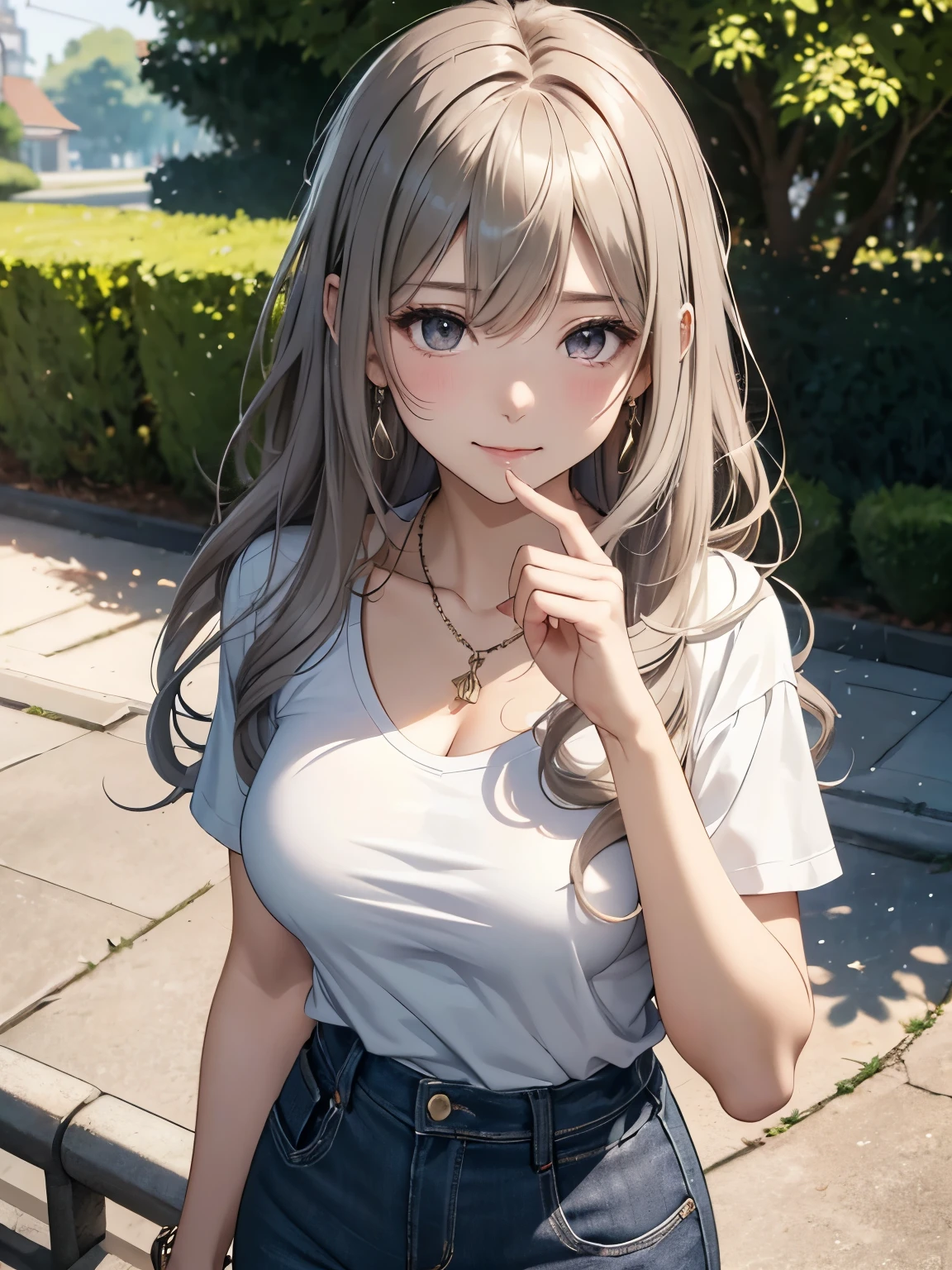 (Highest quality, High resolution,  Masterpiece, 4K), (Soft light、Luster of hair、Beautiful eyes)、young woman、The whole body is visible、Adorable smile、 ((Wavy long hair, bangs, Light-colored hair)), ((Wistful eyes、Gray Eyes, Perfect Eyes)), ((Detailed face, blush:1.1)), ((Smooth texture:0.75, Realistic texture:0.65, Realistic:1.1, Anime CG Style)),Large Breasts、valley、Captivating body、(Sexy T-shirts、Sexy Hot Pants、I can see your attractive thighs), Beautiful necklace、Cute Earrings、Coming down the big stairs in the park、Walk along the tree-lined avenue、Strong sunlight、Brush your hair up、Smiling and showing off your chest、Angle from above++、Hold sunglasses in mouth