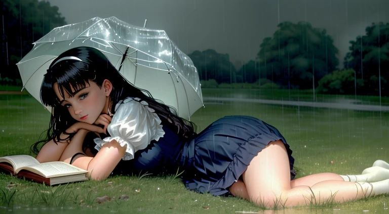 arafed girl lolita laying on the grass in the rain with a book, after rain and no girls, the most beautiful scene, carnal ) wet, raining, under rain, made out of rain, perfect movie shot, wash off in the rain, knees tucked in | rain falls, raining outside, 1995 movie, raining!, in the rain