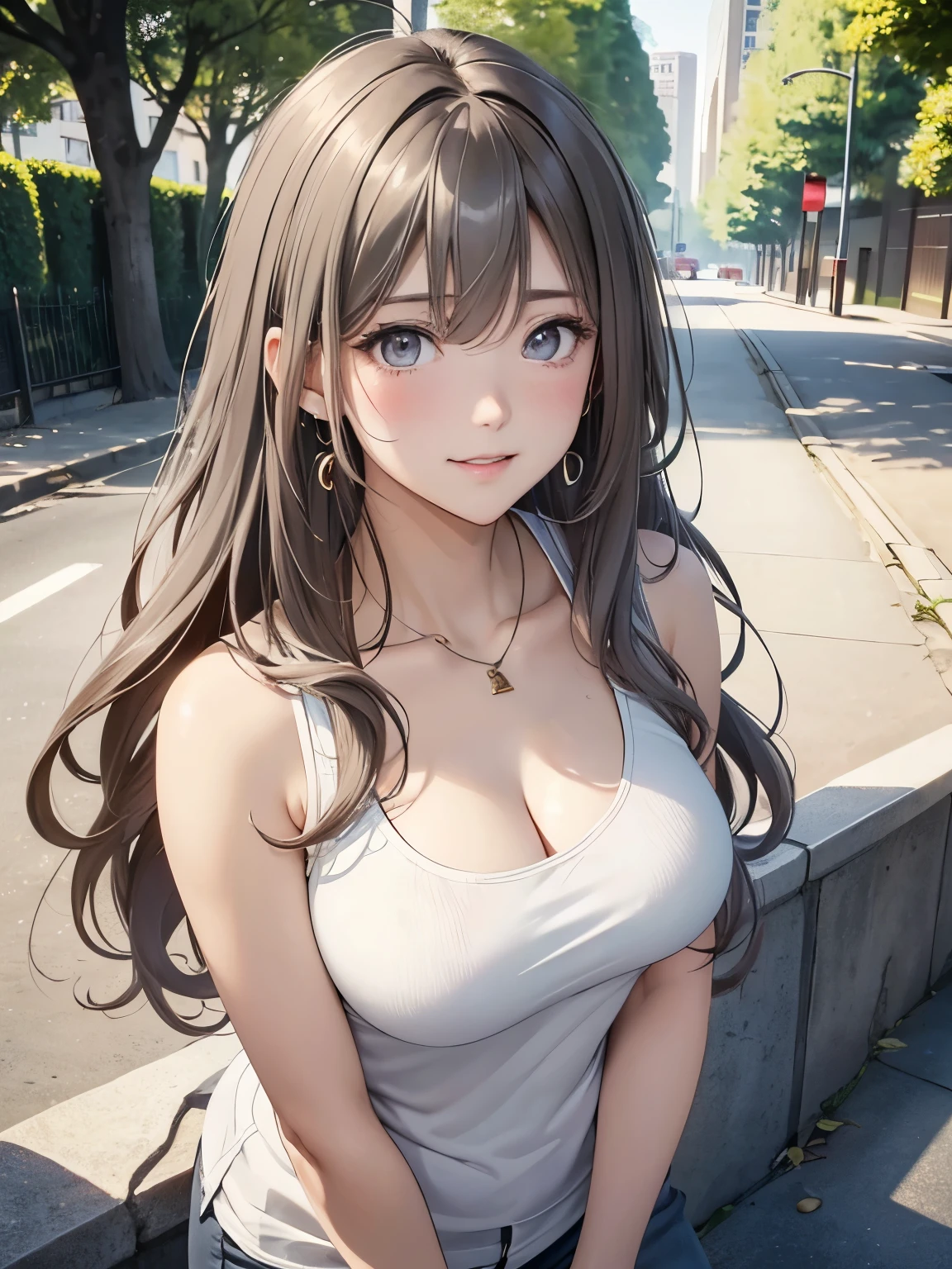 (Highest quality, High resolution, Masterpiece, 4K), (Soft light、Luster of hair、Beautiful eyes)、young woman、The whole body is visible、Adorable smile、 ((Wavy long hair, bangs, Light-colored hair)), ((Wistful eyes、Gray Eyes, Perfect Eyes)), ((Detailed face, blush:1.1)), ((Smooth texture:0.75, Realistic texture:0.65, Realistic:1.1, Anime CG Style)),Large Breasts、valley、Captivating body、(Sexy T-shirts、Sexy Hot Pants、I can see your attractive thighs), Beautiful necklace、Cute Earrings、Coming down the big stairs in the park、Walk along the tree-lined avenue、Strong sunlight、Brush your hair up、Smiling and showing off your chest、Angle from above++、Hold sunglasses in mouth
