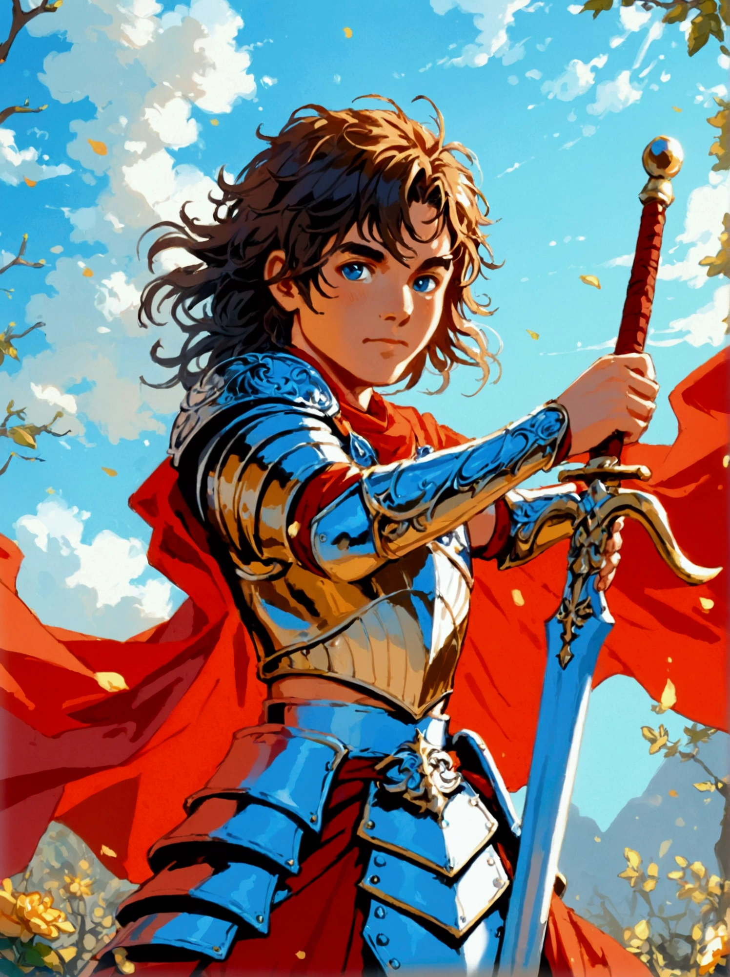 Create a digital painting that portrays a brave warrior, symbolizing the battle of health. Use bold and vibrant colors to enhance the whimsical and vivacious feel, typical of children's design. The warrior should be seen in dynamic poses, drawing inspiration from comic books. The painting should embody the essence of perseverance and strength with energetic brushstrokes. Remember to capture the child-friendly design and translate it into the language of a brave warrior fighting their battle, thus making health an accessible concept to the young.
