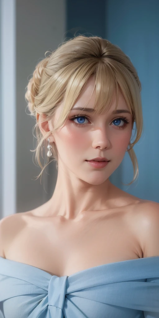 elegant mature woman, blonde, chignon hair, blue eyes, soft light, 4k resolution, high detailed, high quality, beautiful cg