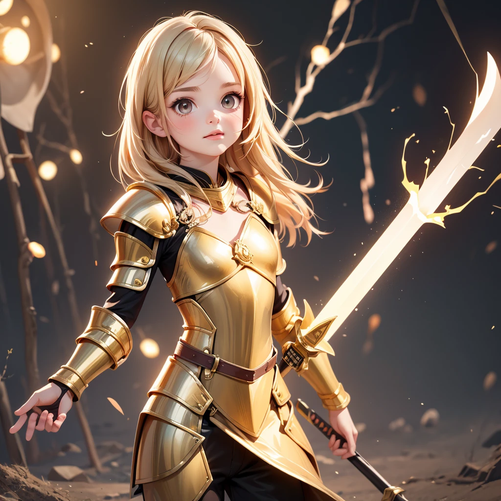 Ultra Realistic Girl, gold hair, gold eyes, Flat Chest,gold knight armor, golden lightning sword, gold lightning, 