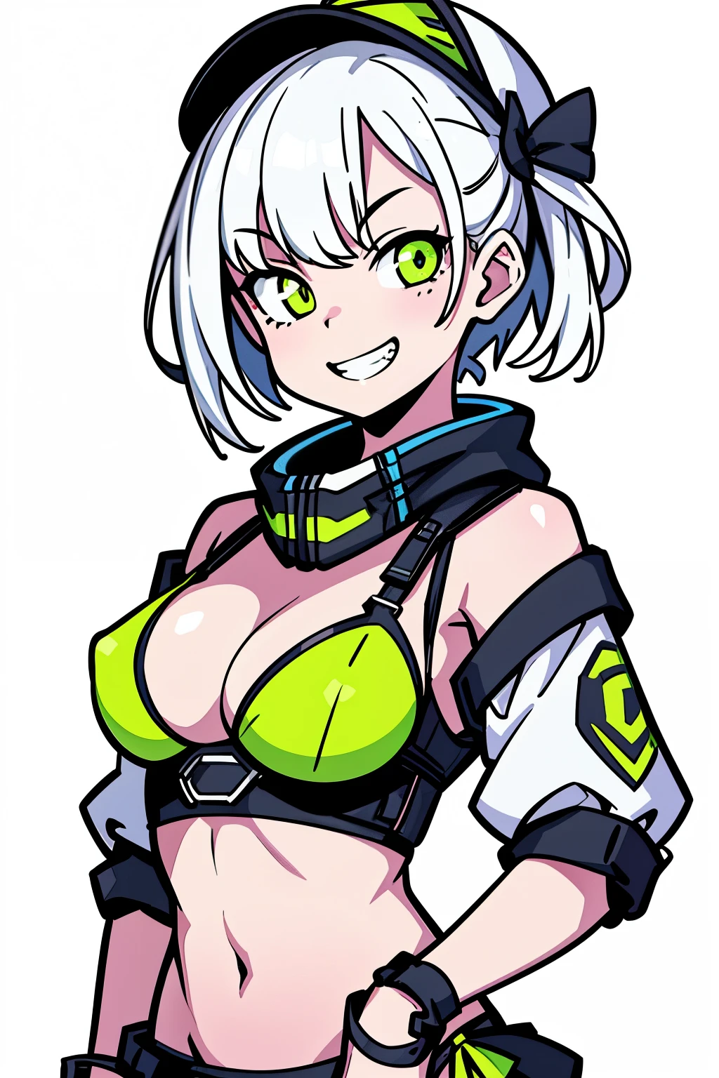 best quality, masterpiece, 1 girl, grin, fluorescent yellow and white bikini, medium breast, under , solid white background