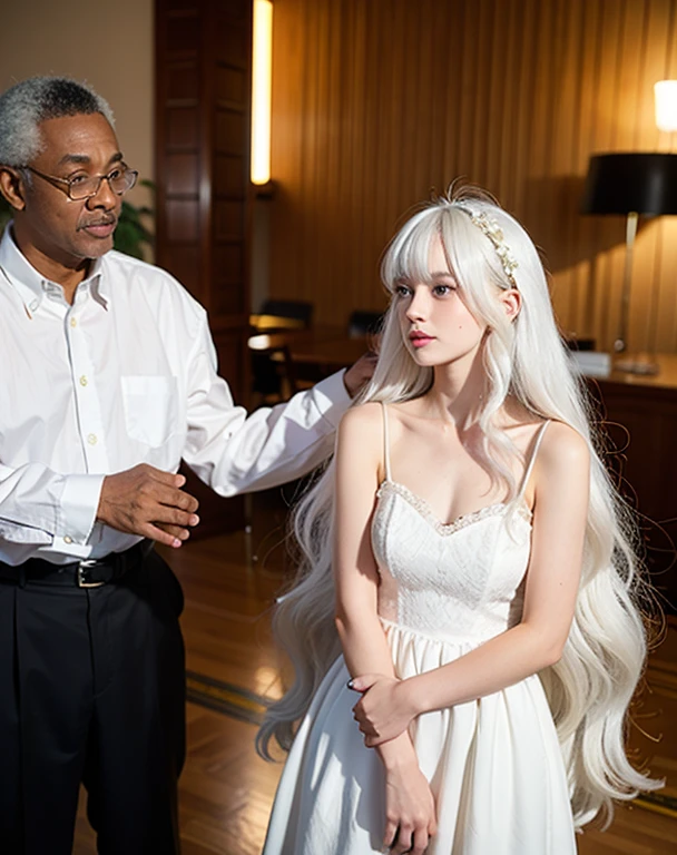 16 years old girl, white hair long hair with bangs, cute, have messy hair, wearing white dress, with black man professor