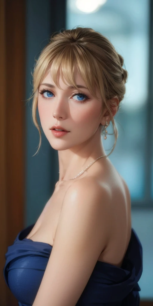 elegant mature woman, blonde, chignon hair, blue eyes, soft light, 4k resolution, high detailed, high quality, beautiful cg