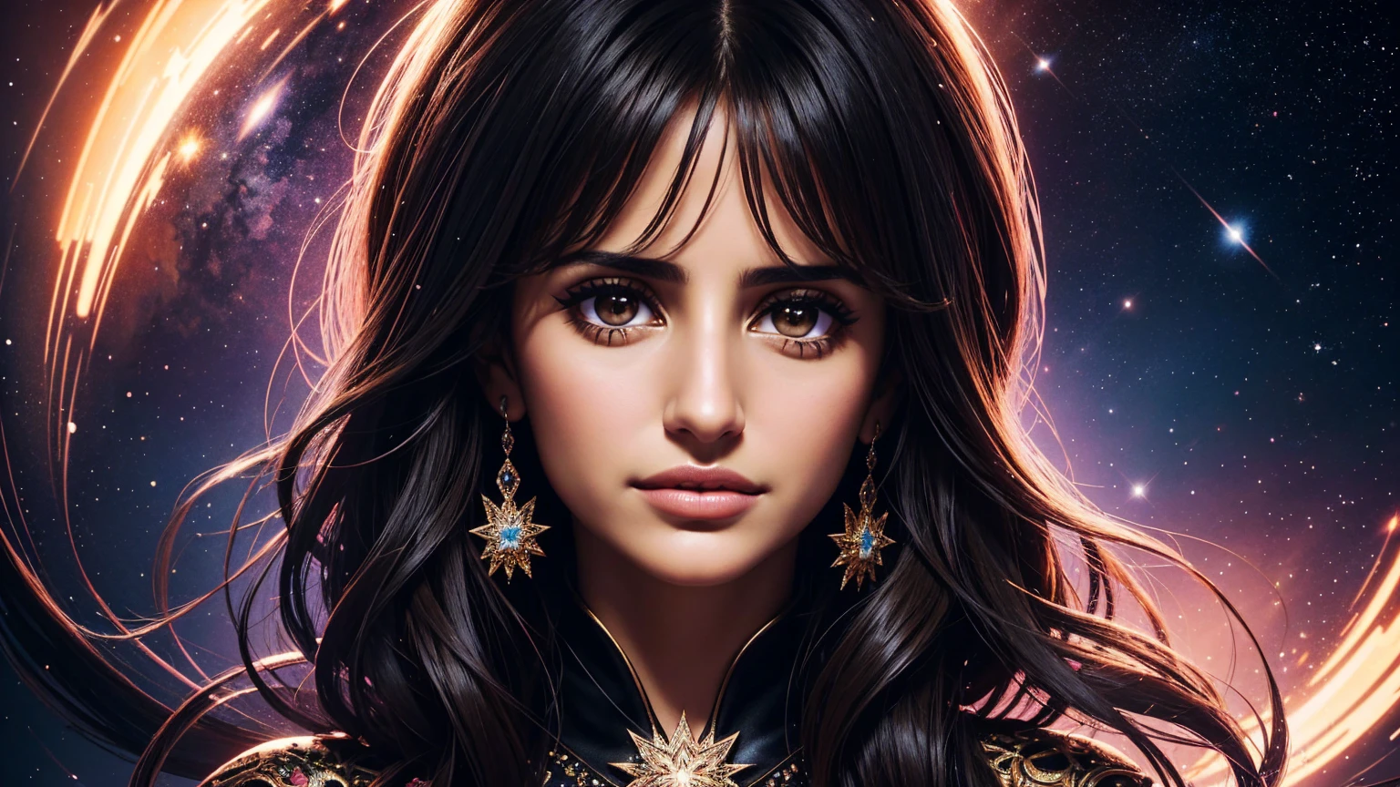 A beautiful portrait of Penelope Cruz surrounded by stars., Action photos of a hot, beautiful EDM style girl.,  Highly detailed, art station, illustration