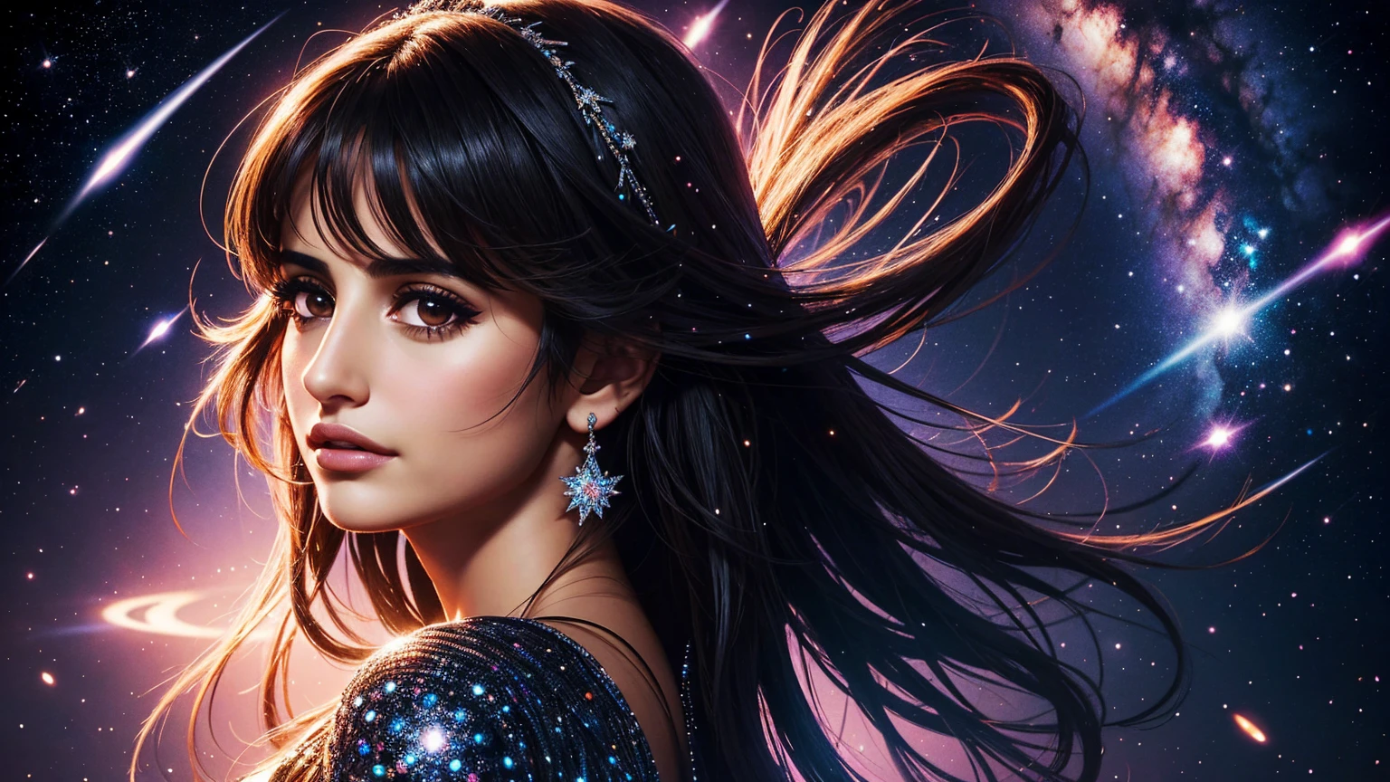 A beautiful portrait of Penelope Cruz surrounded by stars., Action photos of a hot, beautiful EDM style girl.,  Highly detailed, art station, illustration