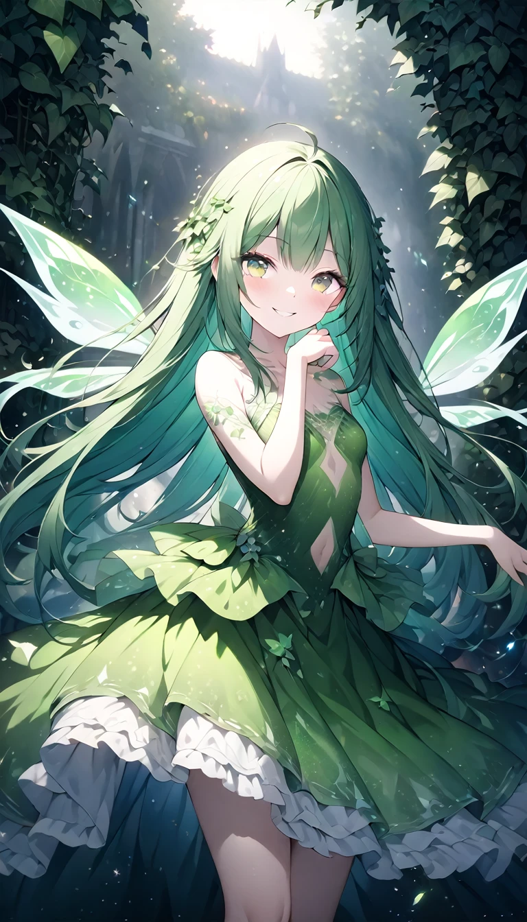 very beautiful female spirit fairy, with long straight green hair, green eyes, smiling, wearing a white and green long frilly dress, covered in green tattoos, great proportion, ivy, shading effects, gradation magic effects, foggy filter effects, glitter effects, (ultra detailed, absolutely resolution, best quality:1.3), 2.5D, delicate and dynamic, artistic photography, hyper realistic, graphic CG digital art