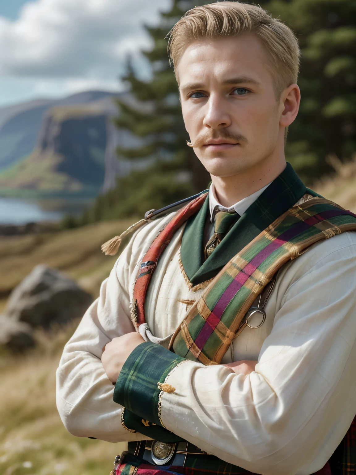 Front view, (looking at viewer:1.3), Scottish man, 24 years-old, (blond hair , blew eye, buzz cut, mustache, serious),A beautiful Scottish man wearing traditional Highland dress, including a tartan kilt and accessories like a sporran and sash, standing in a picturesque Scottish landscape. The scene should highlight the elegance and cultural richness of Scottish heritage, ((super detail, high details, high quality, accurate, anatomically correct, textured skin, beautiful fingers super detail, high details, high quality, best quality))