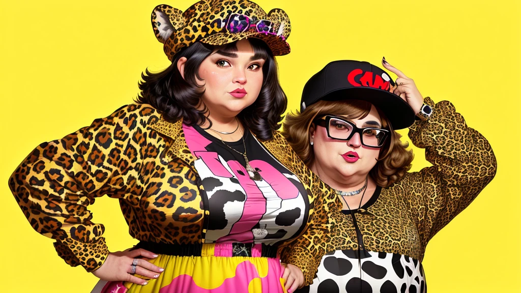 Close-up of a 40 year old woman in a leopard print shirt and hat, Comme des Garcons Campaign, andy milonakis, frank kozik, andy milonakis as a goat, Chris Chan, flashy, Official artwork, Dave Karbis, Craig Marism, Toyism, yoh yoshinori, by Winona Nelson, Michel Othello
