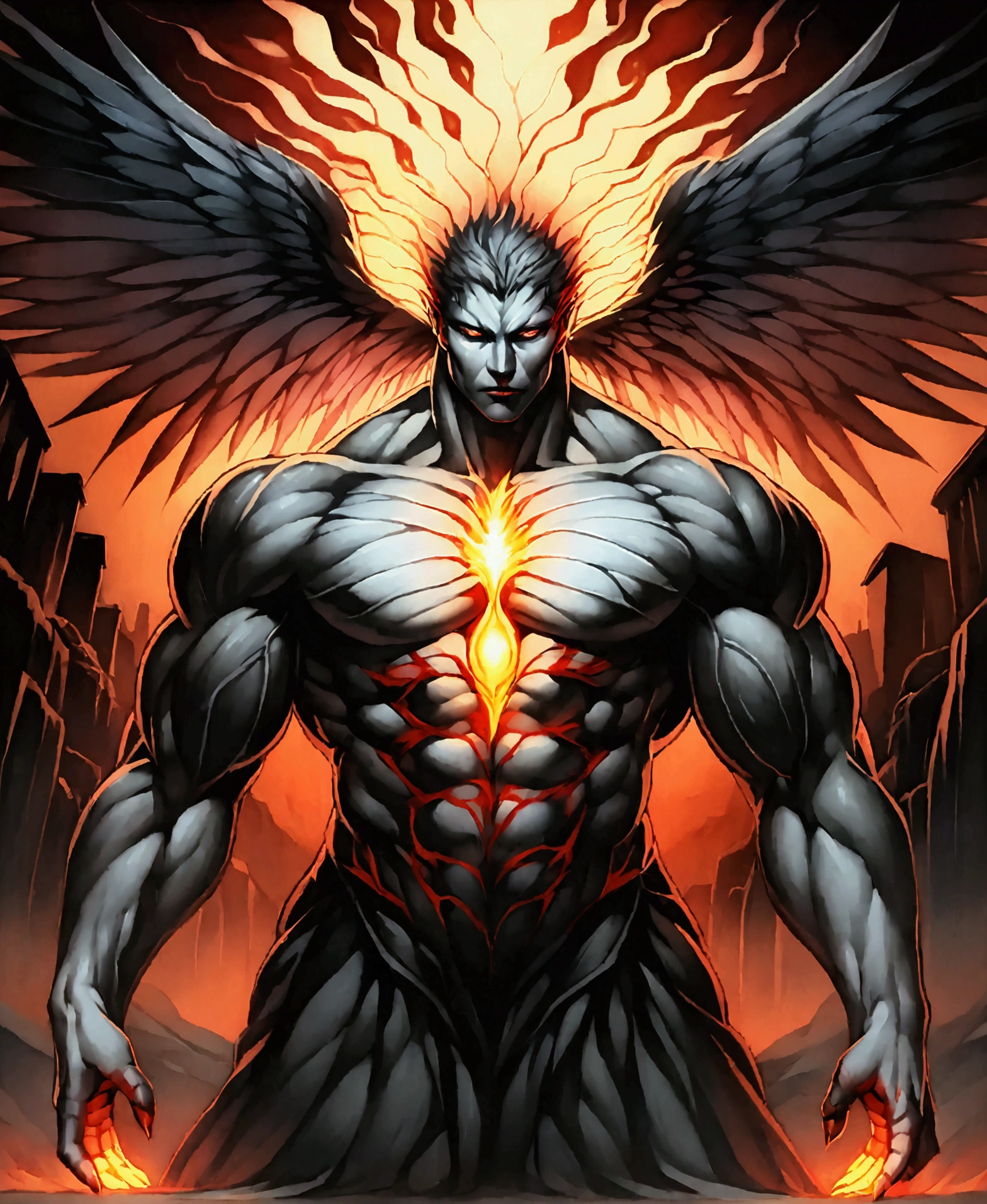 (mid_shot:1.3),(1 male:1.2),(muscle man:1.1),(frontal illumination:1.2) A sudden burst of energy ripples through the air as you transform, your body morphing into a towering, winged creature of the night. Your features become more angular and predatory, your eyes glowing with a fierce, vampiric intensity.