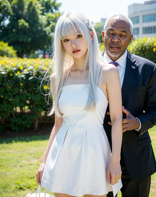 16 years old girl, white hair long hair with bangs, cute, have messy hair, wearing mini white dress, with black man professor