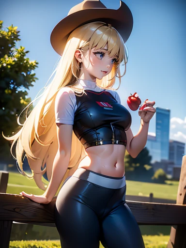 AppleJack, AppleJack from my little pony, AppleJack in the form of a girl, long hair, Wild hair, cowboy hat, apple earrings, on a farm with apple trees, steampunk style, a lot of magic, lightning nets, best quality, very detailed, ultra 8k resolution, (cum on clothes:1.5), , Cyberpunk. 1girl, female, sozinho, background with buildings far away, avenida, luzes vermelhas, Preto e branco (melhor qualidade), (realista,fotorrealista:1,37), (obra prima), linda garota, middlebreasts, top vermelho, black legging pants, (cum on leggings:1.4), blush, humiliated, nsfw, ((girl masturbation))