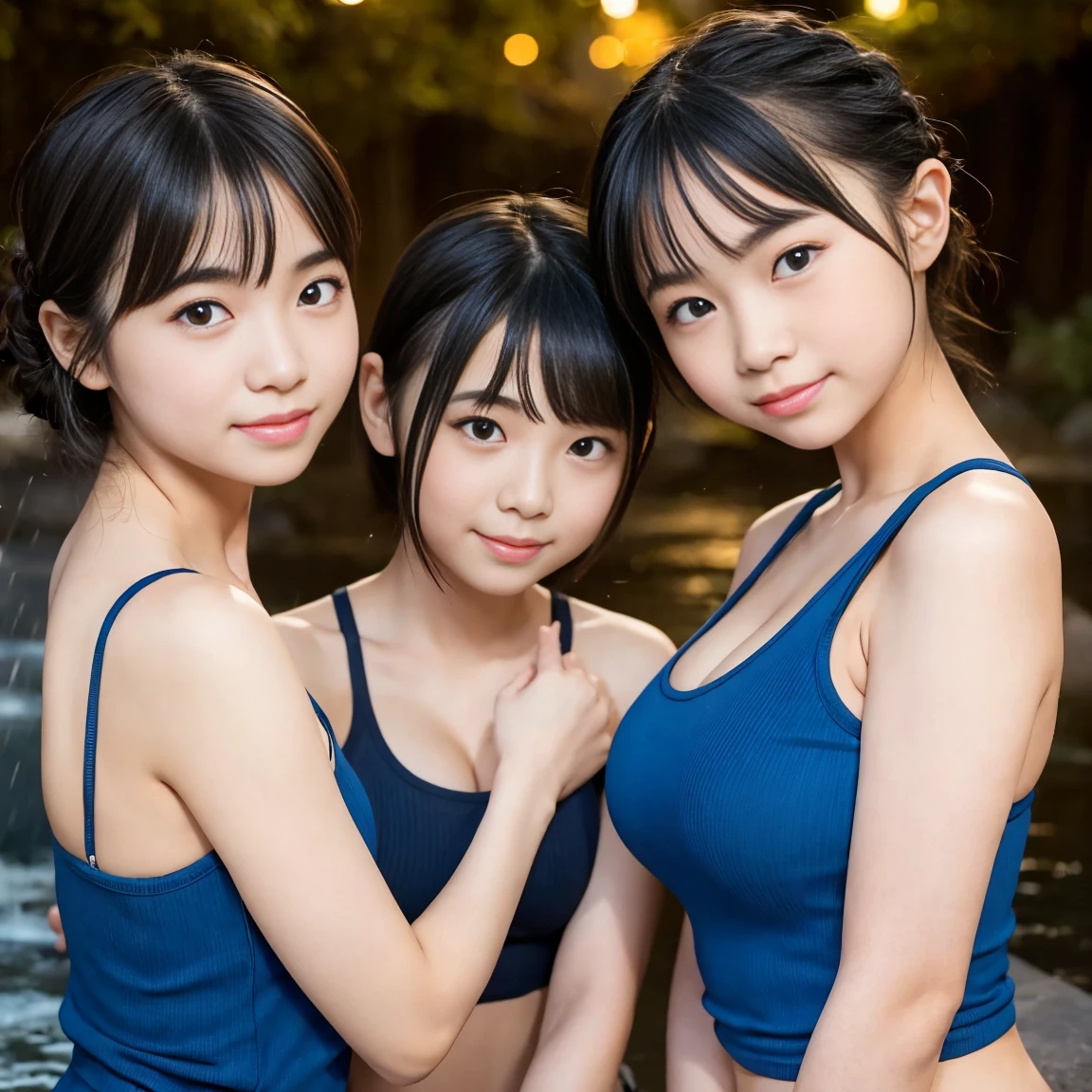 ( 3 girls),beautiful girl, Beautiful round breasts,view from the front,Breasts become more beautiful,G Cup, Tight waist,short bob,Young face,Random color tank top、,Close-up of upper body+++,view from the front, You can clearly see the separation.,Keep your head straight and smile.,waterfall,(nighttime)Your ID photo