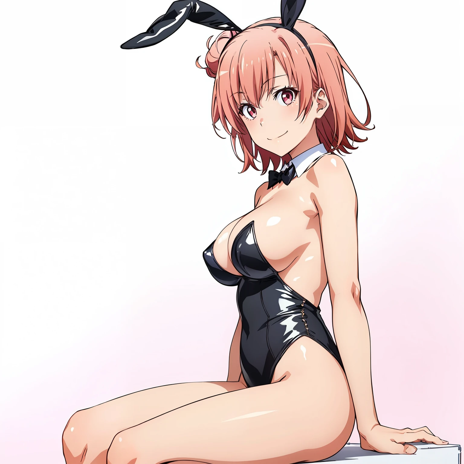 ((masutepiece, Best Quality, hight resolution, nffsw, Perfect Pixel, depth of fields, 4K, )), 1girl in, Solo, , Beautiful anime girl, Beautiful Art Style, close up, Looking at Viewer, Perfect body, side shot, Yuigahama Yui, Short hair, pink hair, pink eyes, hairbun, (large boob), side boob, sitting, black playboy bunny outfit, smile, hands on thighs, blank white background, shot from the waist up