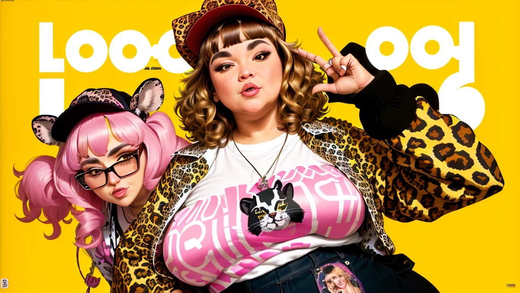 Close-up of a 40 year old woman in a leopard print shirt and hat, Comme des Garcons Campaign, andy milonakis, frank kozik, andy milonakis as a goat, Chris Chan, flashy, Official artwork, Dave Karbis, Craig Marism, Toyism, yoh yoshinori, by Winona Nelson, Michel Othello