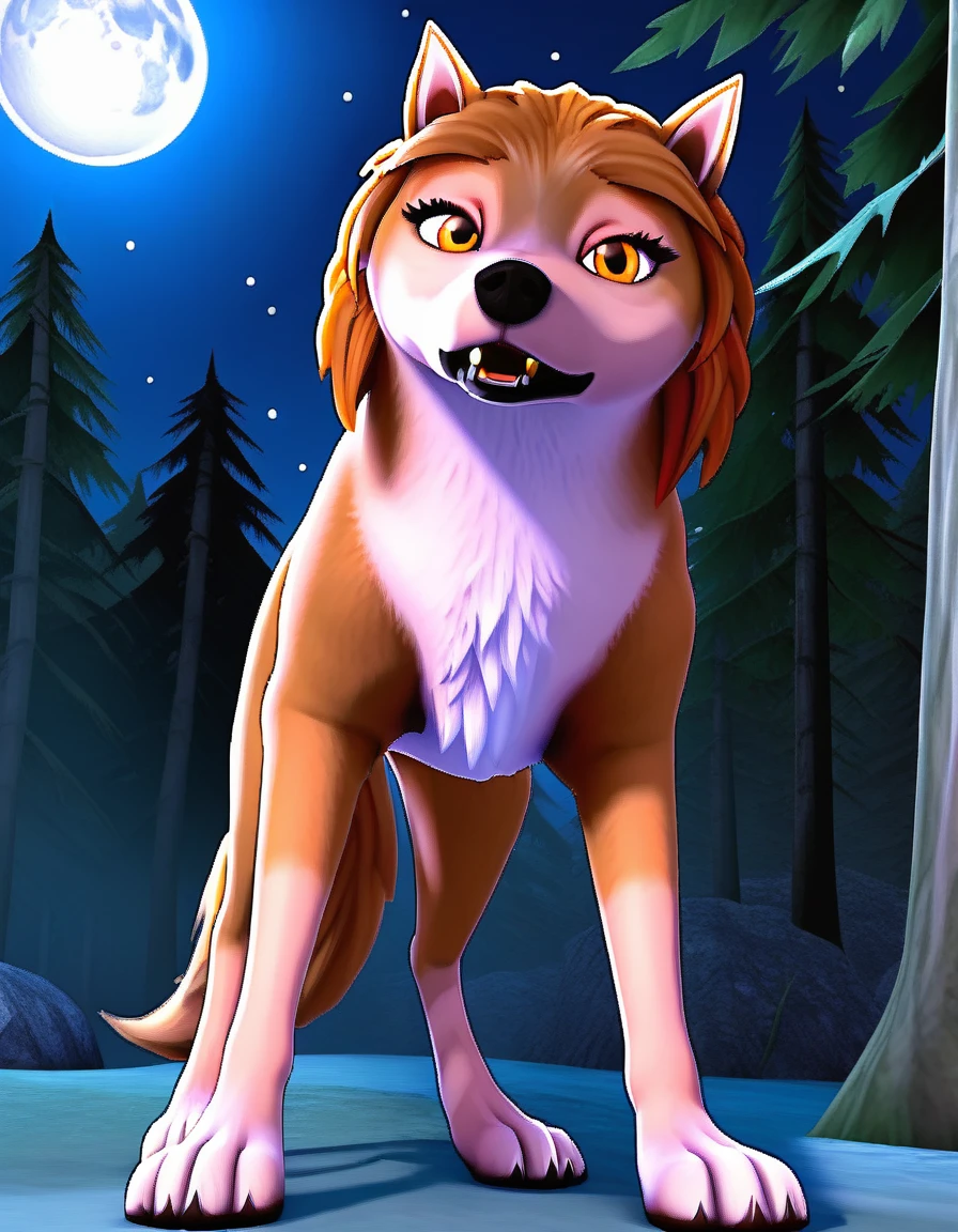 kate, wolf, feral, looking at viewer:1.3, presenting her engorged swollen pussy , outside, orange eyes, full body, looking up, night, moon, low angle, sparkling, forest