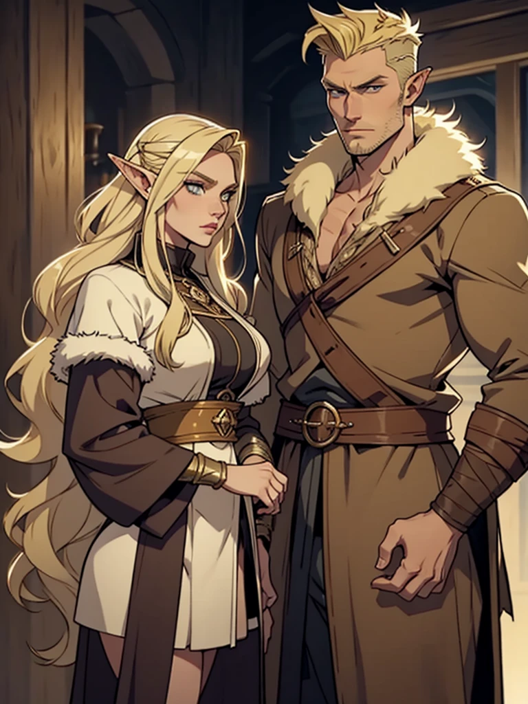 Viking woman with blonde faux hawk hair dressed in furs with a handsome elven rogue man with long blonde hair