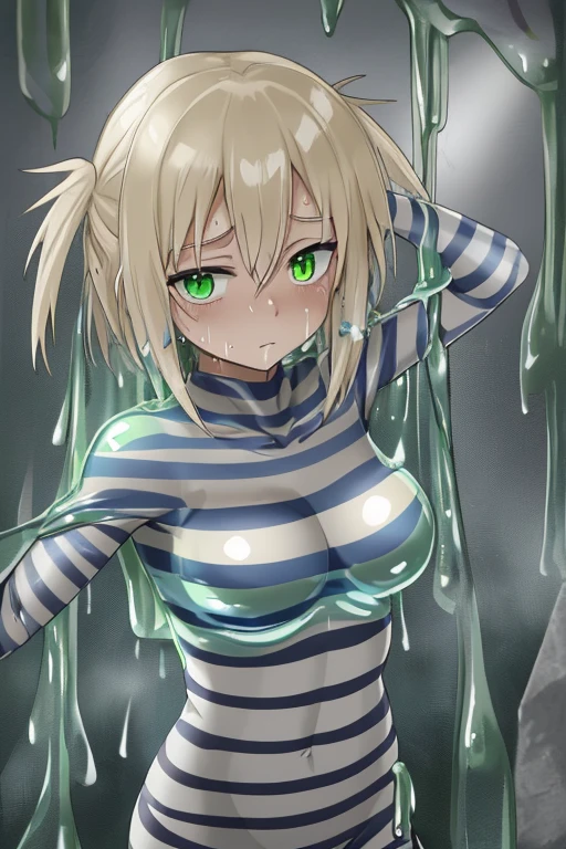 Striped Valkyrie covered in translucent slime and sweat