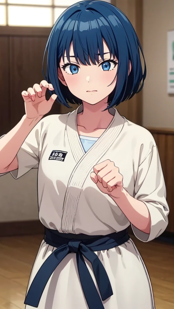 ((masterpiece, Highest quality, Very detailed, Very nice 8K CG wallpaper)), , A little thick, Medium Hair, Blue Hair, short hair, blue eyes,judo player、長袖judo着、Large bust、ロングjudoパンツ、judo、Serious expression、Inside the judo Gymnasium、、On the tatami、discovery、One Girl、Combat Stance、A tough fight、Haruka Kiritani、Bust Size C Cup、A boy holding both of her wrists、Kissed by a boy、Reddening of the face