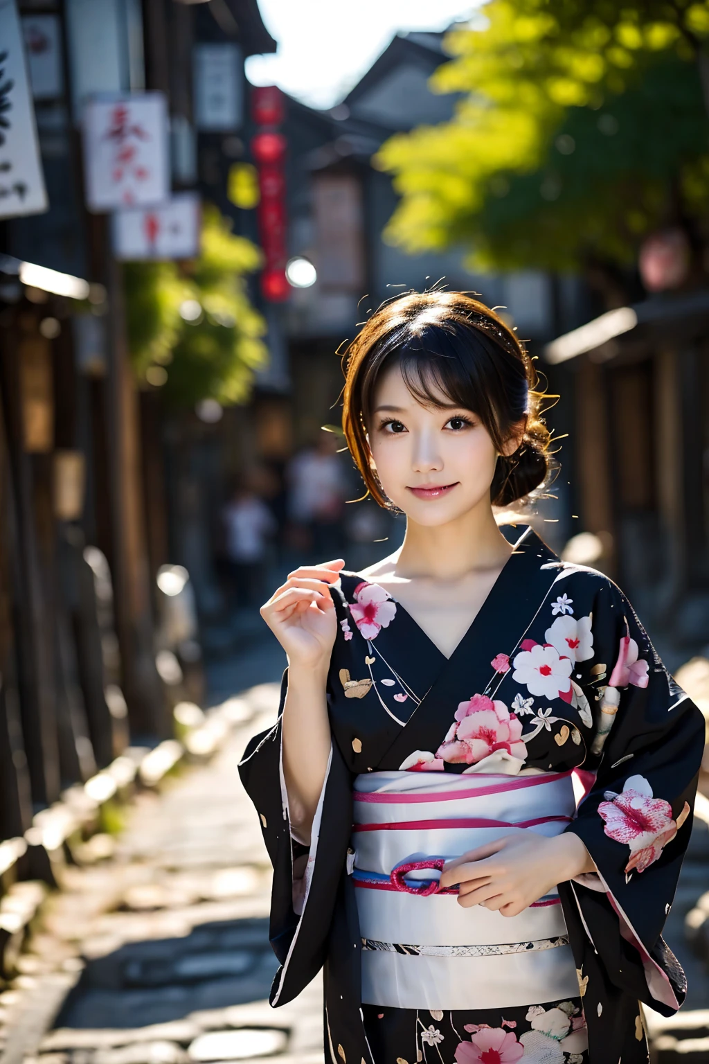 Tabletop, Highest quality, Realistic, In detail, High resolution, 8k wallpaper, Perfect dynamic composition, Beautiful attention to detail, (twist updo, Shiny hair), huge tits:1.5, (yukata, Single-colored belt, Small pattern, White base fabric), (Cute yukata, Neat and clean yukata, Japanese Yukata), (), (), 23 years old, Adult face, Hot Cheeks, (Droopy eyes), Japanese, ((from below)), Glowing Skin, Realistic skin texture, (Kyoto cityscape), (Walk along the cobblestone streets),