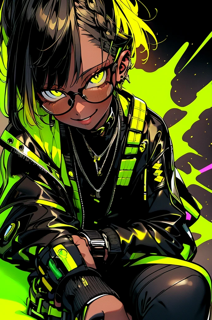 girl, yellow hair, cool black open short jacket, crazy, on futuristic neon night street background,poser.Glasses、Brown Skin、Dark Skin、Side sitting pose、Braid、smile、Kind Face