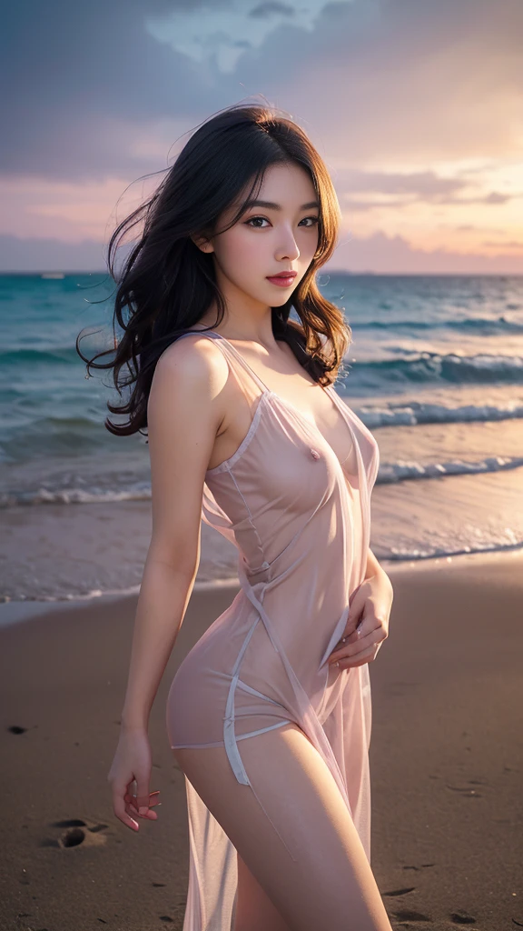 1 Girl, whole body, Beautiful shiny hair, Charming eyes, curls,  Large Breasts，Charming oval face, Double eyelids, Pink lips, Small nose, focused face, Ultra-high resolution, Very detailed,  OK, ultra-thin, see through, Alexandroid Colorful Mesh Nightdress，Radiant Skin, Realistic background，Coastal landscape at dusk,Dark clouds and sky,Delay々Long sandy beach, Deserted Beach,Dark sea, 