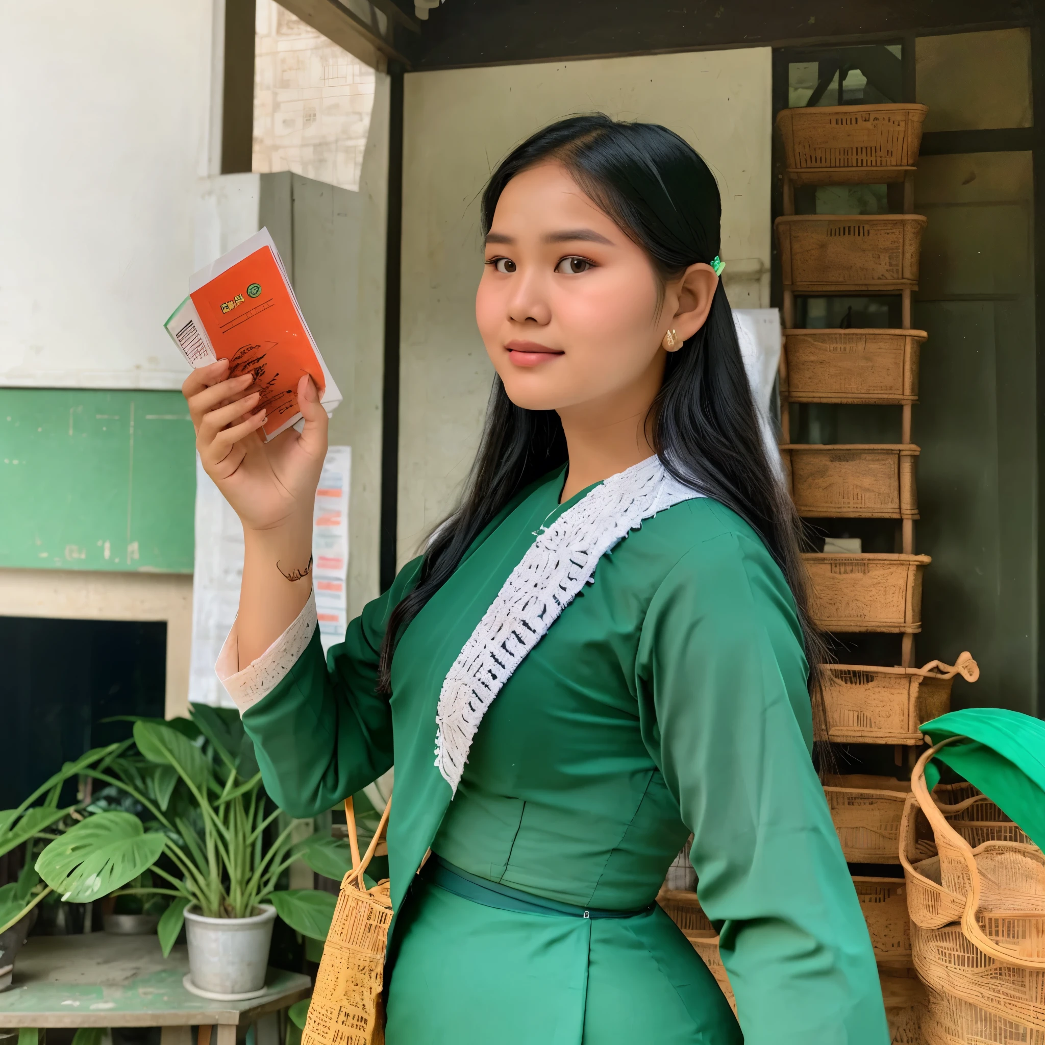 A portrait of a Burmese woman with an oval face shape and round cheeks, large expressive eyes with soft double eyelids, a gentle and modest nose, full lips with a natural reddish tint, and smooth, light to medium brown skin tone, standing confidently in a public place with myanmar teacher outfit white and green 
