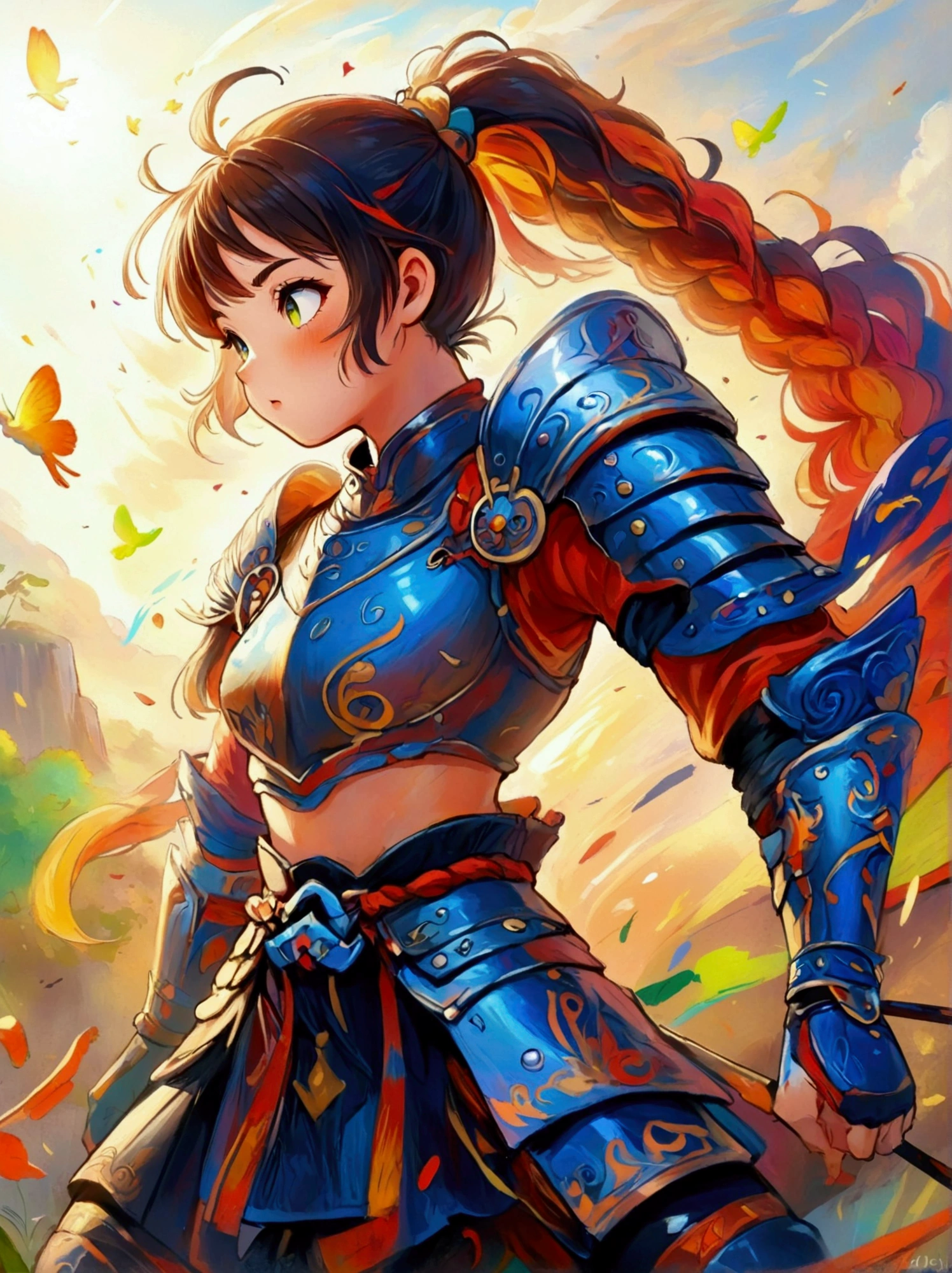 Create a digital painting that portrays a brave warrior, symbolizing the battle of health. Use bold and vibrant colors to enhance the whimsical and vivacious feel, typical of children's design. The warrior should be seen in dynamic poses, drawing inspiration from comic books. The painting should embody the essence of perseverance and strength with energetic brushstrokes. Remember to capture the child-friendly design and translate it into the language of a brave warrior fighting their battle, thus making health an accessible concept to the young.
