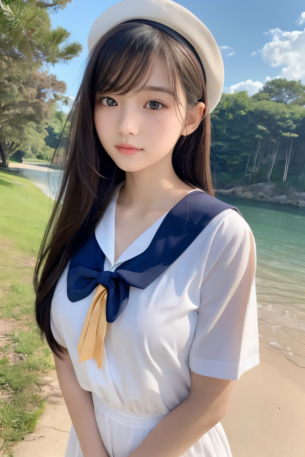 masterpiece:1.3), (8k, Photorealistic, RAW Photos, Best image quality: 1.4), Japanese, (1 female), Beautiful Face, round face, (A vivid face), (Rounding short:1.3), Beautiful hairstyle, Hair fluttering in the wind、Realistic eyes, Beautiful Eyes, Slightly sleepy eyes、(Realistic Skin), Beautiful Skin, Charm, Ultra-high resolution, Surreal, Attention to detail, Golden Ratio, Detail Makeup,Seeing the viewer,Beautiful breasts、Thin pubic hair、(:1.2)、Sailor suit、Light freckles、(whole body:1.37) 、１４age、cute、information、Full body shot,