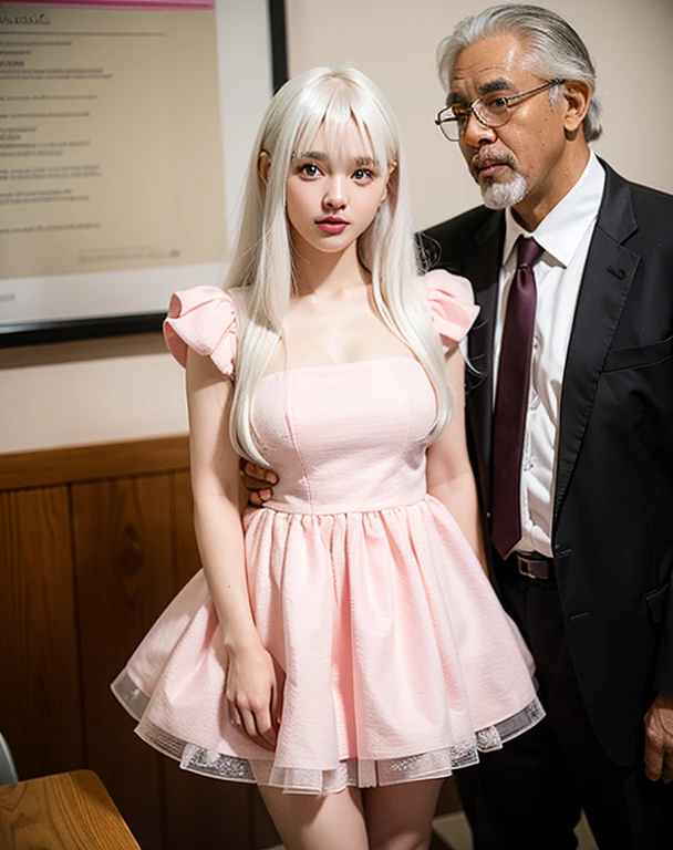 girl, white hair long hair with bangs, cute, have messy hair, wearing mini pink dress, with black man professor her bf