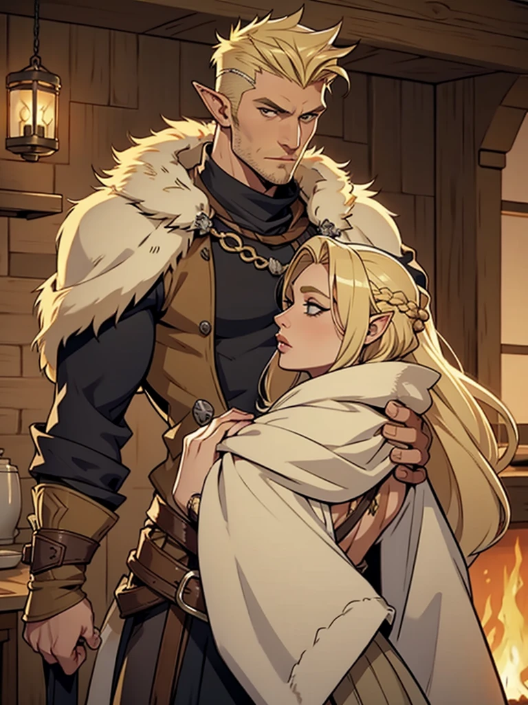 Viking woman with blonde faux hawk hair dressed in furs with a handsome elven rogue man with long blonde hair