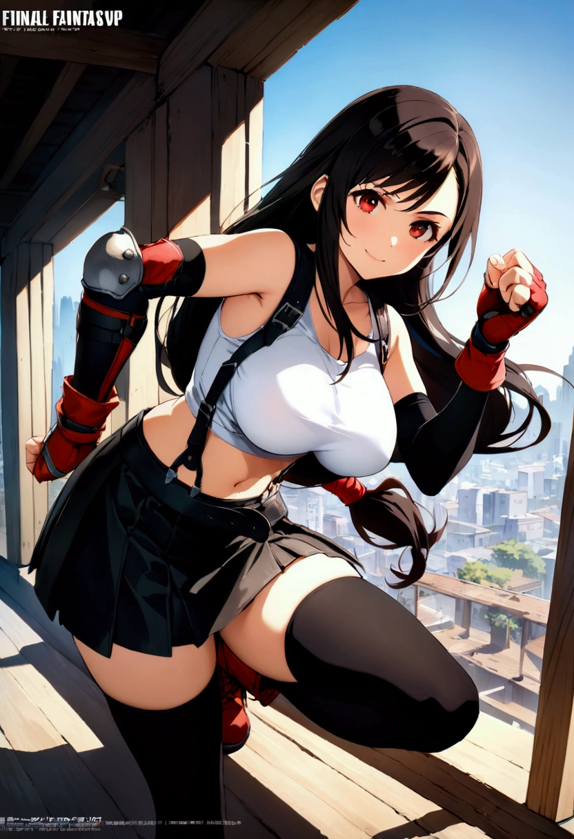 score_9, score_8_up, score_7_up,,BREAK , ,from below,low view,low angle,pov,straight-on,,standing,contrapost, ,,straight-on,Solo ,1girl, tifa lockhart, final fantasy, tareme,black hair, low-tied long hair, red eyes, bangs, (white tank top, belt, pleated skirt, thighhighs, elbow fingerless gloves, elbow pads, midriff, navel,suspender skirt) ,(large_breast),(light smile),fist,fist,daytime,outdoor,(ultra detailed),(best quality),(aesthetic,very aesthetic),UHD,extremely detailed CG unity 8k wallpaper,anime,depth of field,,,