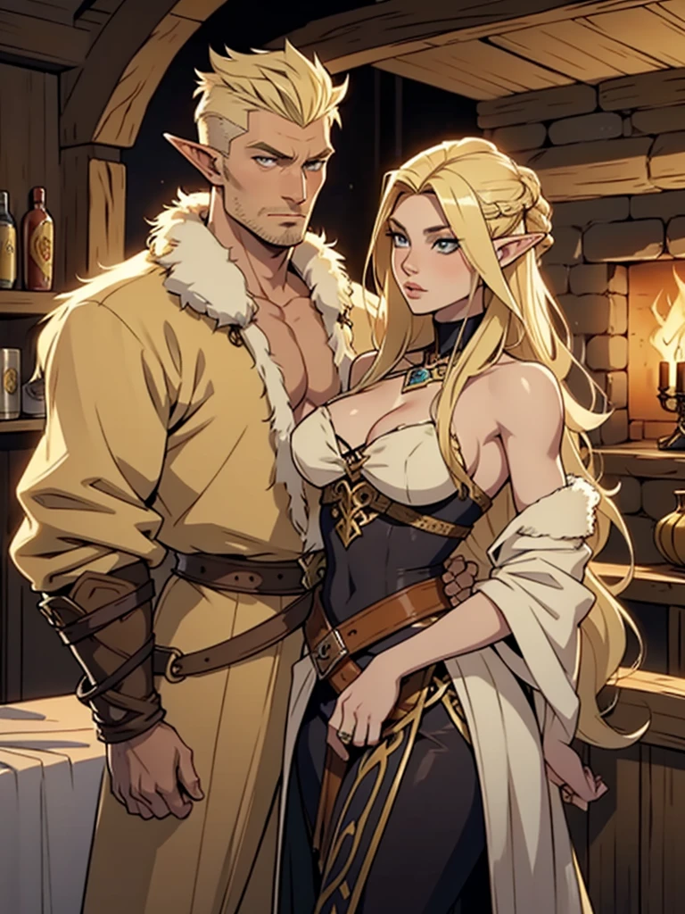 Viking woman with blonde faux hawk hair dressed in furs with a handsome elven rogue man with long blonde hair