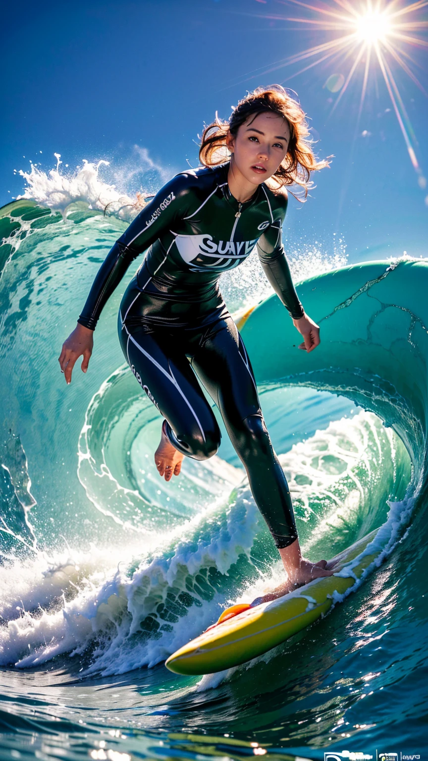 (best quality,4k,8k,highres,masterpiece:1.2),ultra-detailed,(realistic,photorealistic,photo-realistic:1.37),tropical island, (((surfing, huge barrel wave))), crystal clear turquoise water, palm trees, blue sky with fluffy clouds, sun glare, ocean spray, athletic surfer in action, wet suit, extreme sports, adventure, adrenaline
