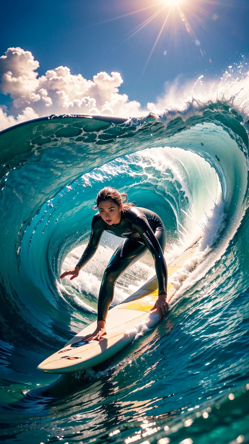 (best quality,4k,8k,highres,masterpiece:1.2),ultra-detailed,(realistic,photorealistic,photo-realistic:1.37), ((((A female surfer a big wave )))),tropical island, crystal clear turquoise water, blue sky with fluffy clouds, sun glare, ocean spray,wet suit,