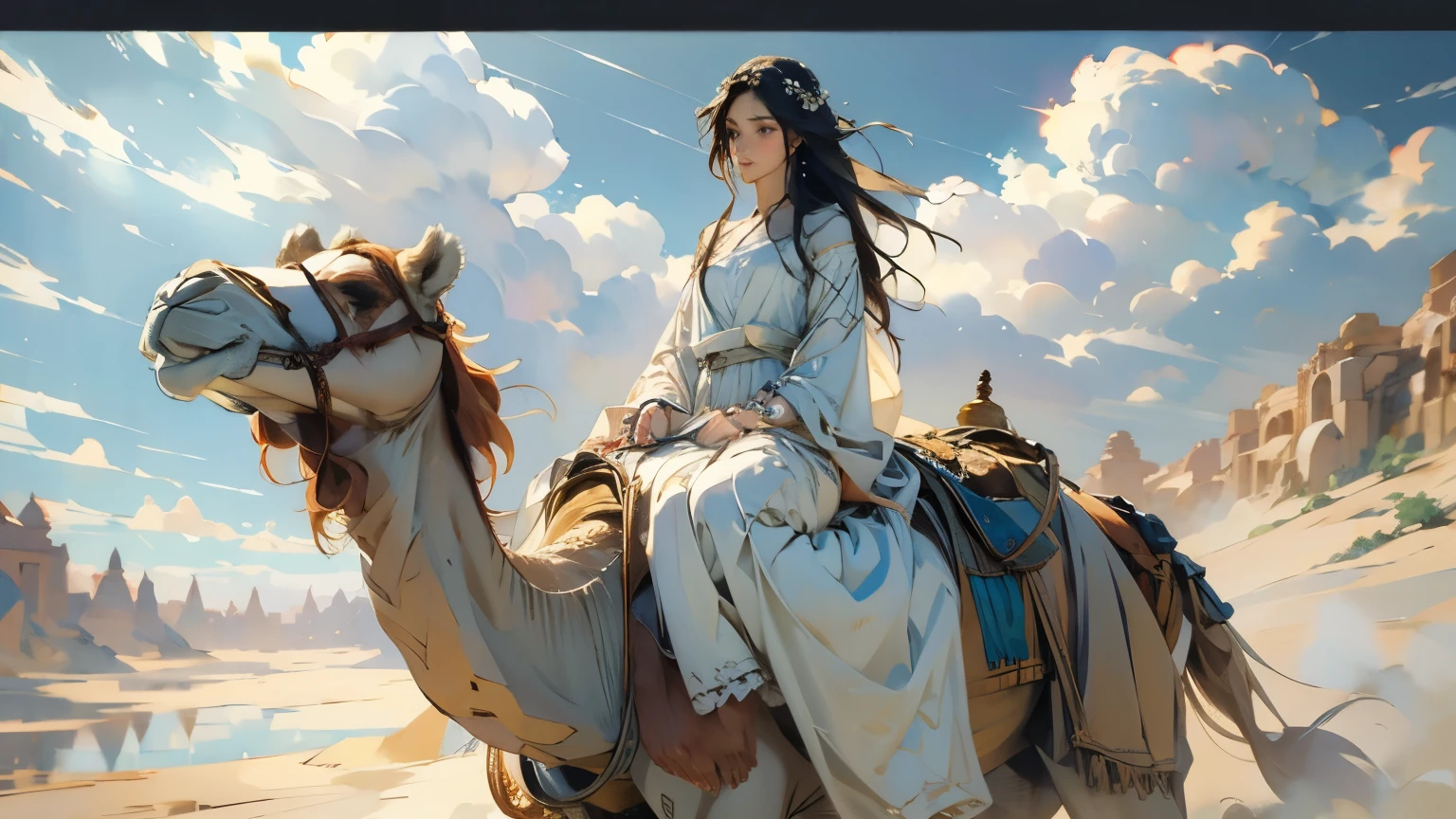 Moonlit Night、(Crescent Moon)、A young princess travelling through the moonlit desert、Beautiful Face、(Camel and)、Spacious, Thin silk robe、In the middle of a vast desert、Sand dunes stretching to the horizon、Clear night sky、Capturing the essence of determination and wisdom、Subtle warm tones、High resolution、Very detailed、