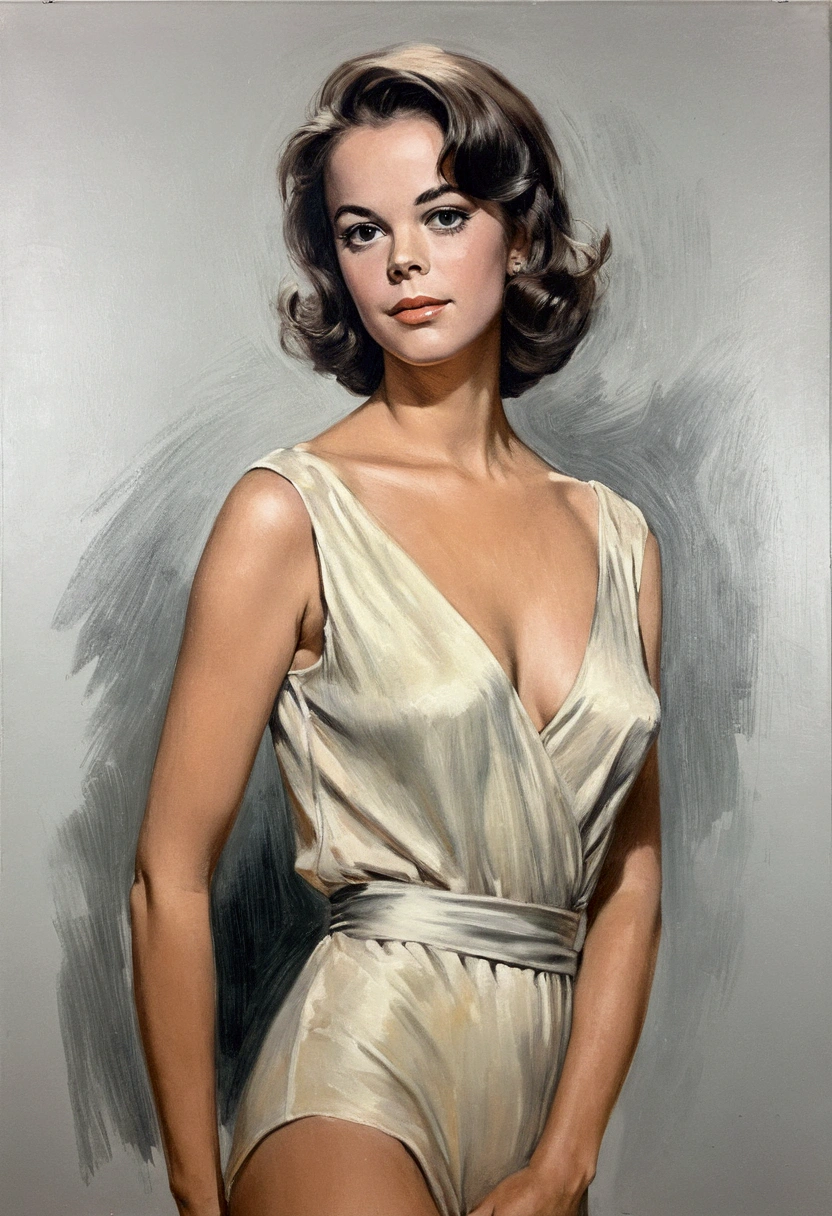 A delicate, oil painting portrays, a nude beautiful Natalie Wood look, medium firm breasts, standing bare feet without background, her features rendered in subtle shading and precise lines. The framing is tight, focusing attention on the subject's serene face. Soft, feathery strokes convey the gentle texture of her hair,