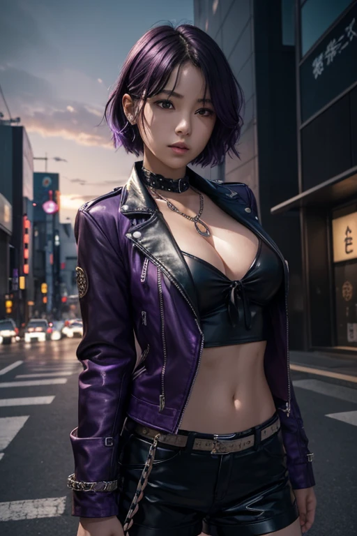 (1girl:1.3),solo,__body-parts__, official art, 8k unit wallpaper, ultra detailed, close-up on face, beautiful and aesthetic, gorgeous, masterpiece, best quality, fantastic atmosphere, calming palette, quiet mood, soft shading, priestess Miko, charm spell, family talisman, priestess duties, dark aesthetic, suit and tie with black leather shorts with many chains around the body and a black leather jacket, Tokyo city in the background, (messy short purple hair),