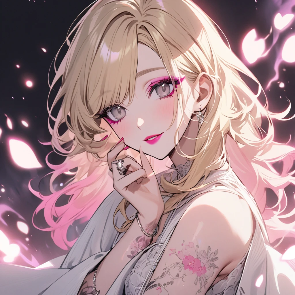 Fashionable blonde woman, no bangs, aura of happiness and tranquility, makeup, pink lipstick, pink eyeliner, a ring, white outfit, a tattoo on her arm, gray eyes,