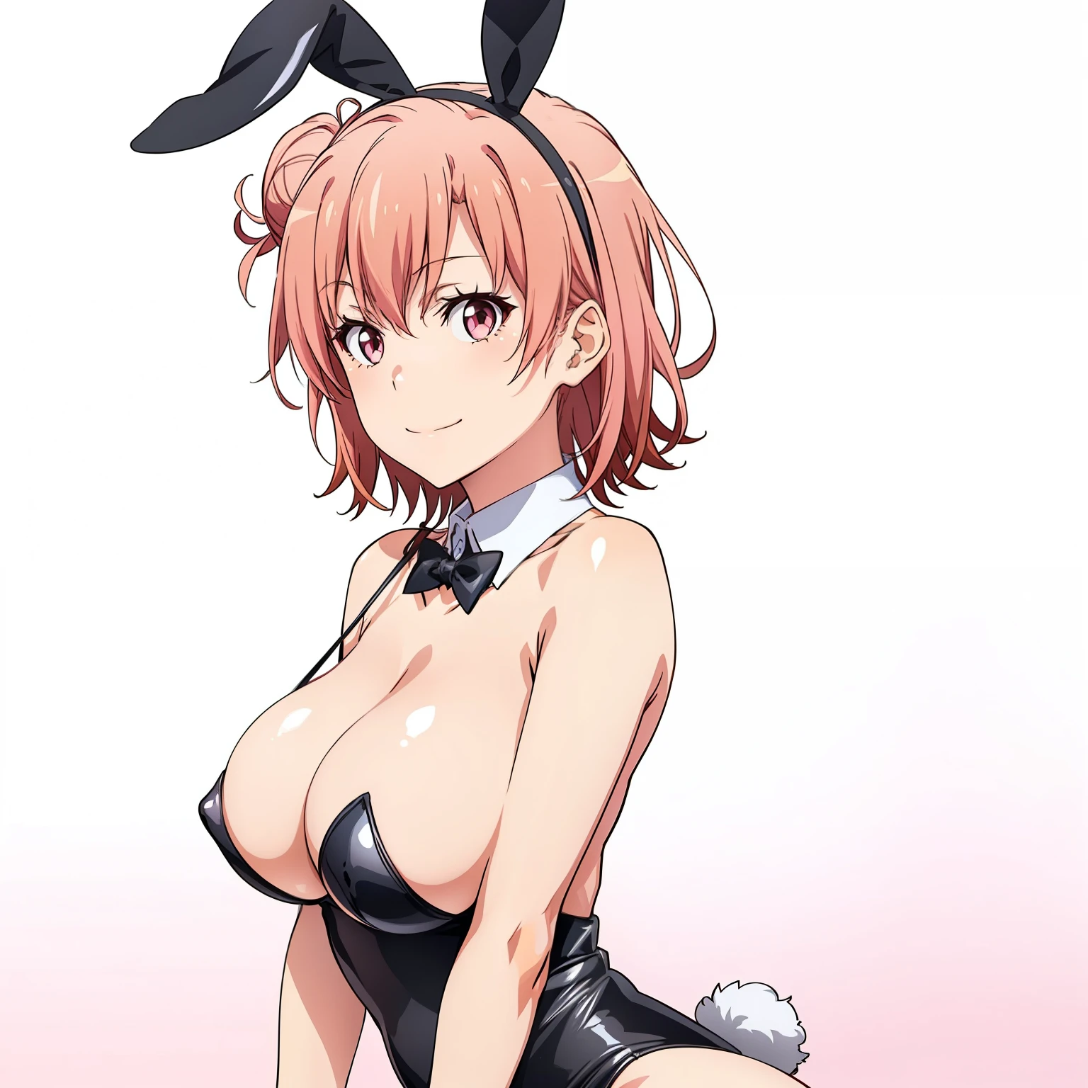 ((masutepiece, Best Quality, hight resolution, nffsw, Perfect Pixel, depth of fields, 4K, )), 1girl in, Solo, , Beautiful anime girl, Beautiful Art Style, close up, Looking at Viewer, Perfect body, side shot, Yuigahama Yui, Short hair, pink hair, pink eyes, hairbun, (large boob), side boob, sitting, black playboy bunny outfit, smile, hands on thighs, blank white background, shot from the waist up