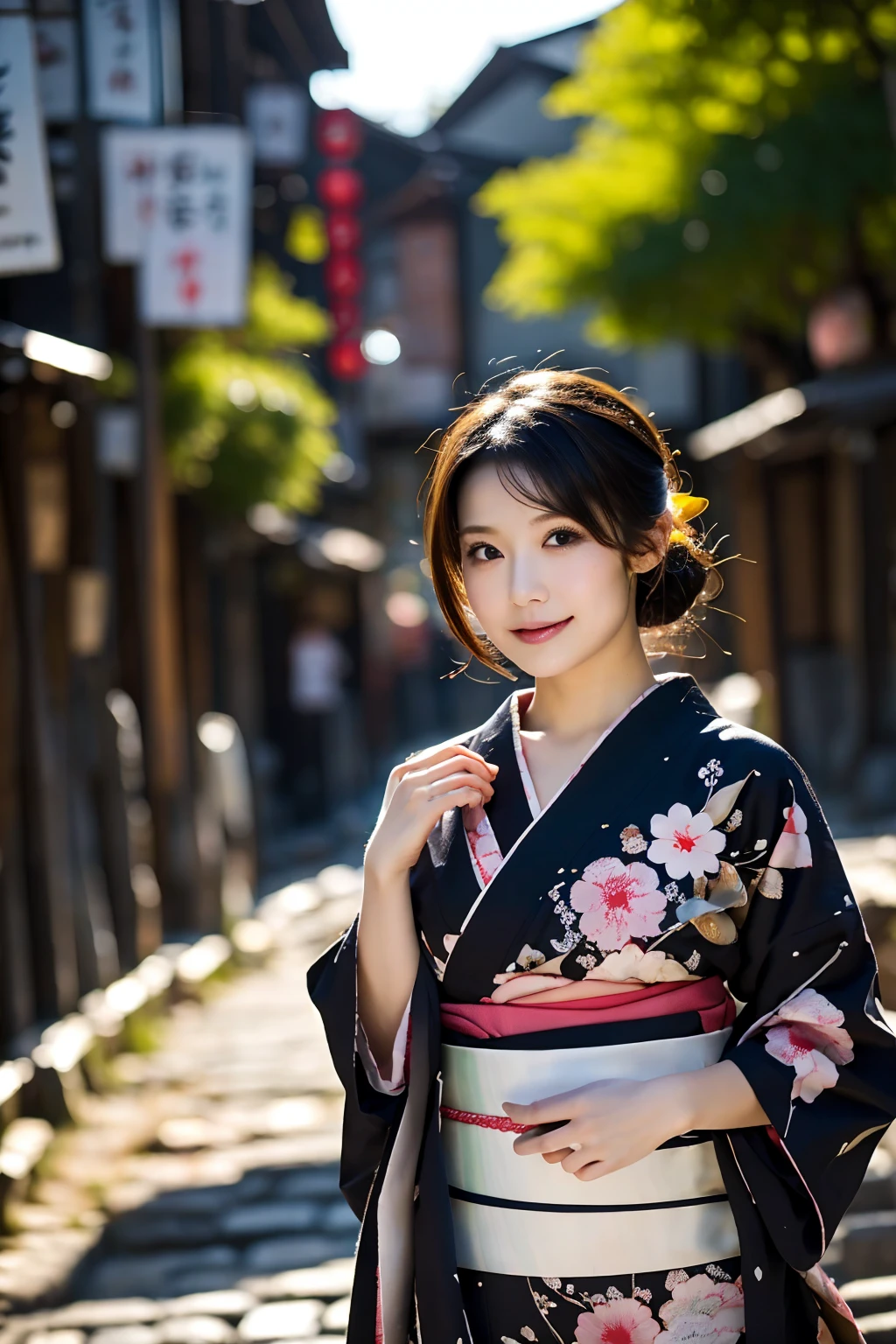 Tabletop, Highest quality, Realistic, In detail, High resolution, 8k wallpaper, Perfect dynamic composition, Beautiful attention to detail, (twist updo, Shiny hair), huge tits:1.5, (yukata, Single-colored belt, Small pattern, White base fabric), (Cute yukata, Neat and clean yukata, Japanese Yukata), (), (), 23 years old, Adult face, Hot Cheeks, (Droopy eyes), Japanese, ((from below)), Glowing Skin, Realistic skin texture, (Kyoto cityscape), (Walk along the cobblestone streets),face focus,