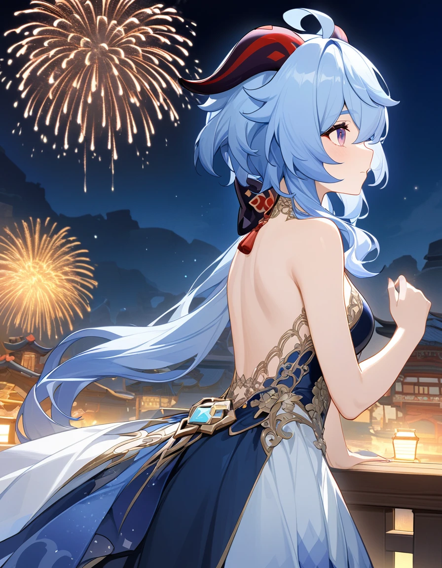 Ganyu (genshin impact), Looking Left, Protruding from the right side of the screen, Fireworks, night, detailed background, gala dress, masterpiece, intricate details, high resolution, perfect anatomy,