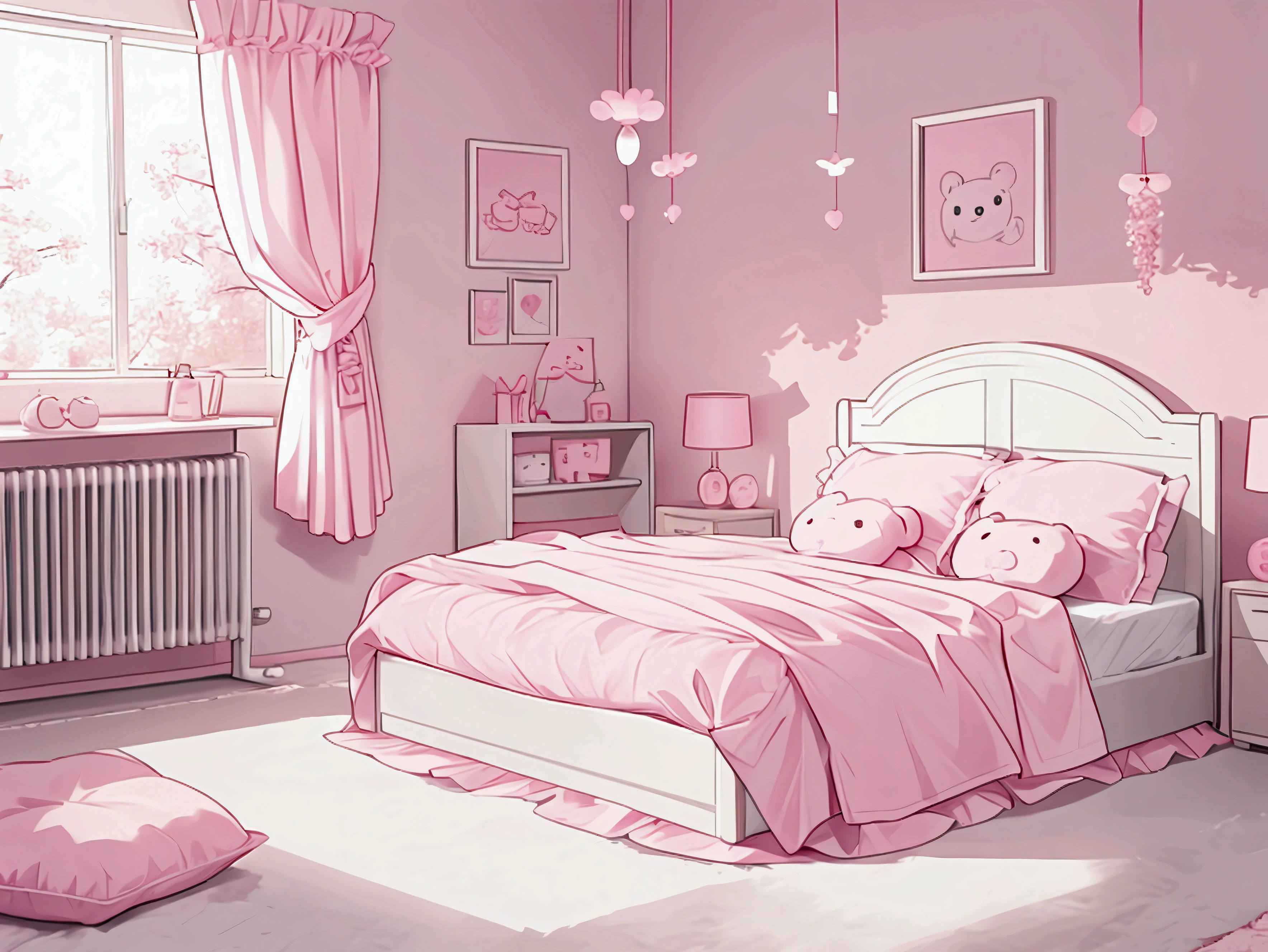 pink,Cute room,bed,Teddy bear,Ribbon,pinkの床,background