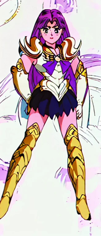 masterpiece, Highest quality, (One girl), sailor moon outfit, ar13smucdzt, AriesArmor, shoulder_armor decoration, Purple long hair, Sailor Warrior Uniform, Large gold horns on shoulders, big, beautiful green eyes. Big eyes. Detailed facial features. かなり長いPurple Hair. Purple Hair. Purple straight hair. Tied Hair at back. Tied Hair, Straight hair, ((Eyebrowless))
