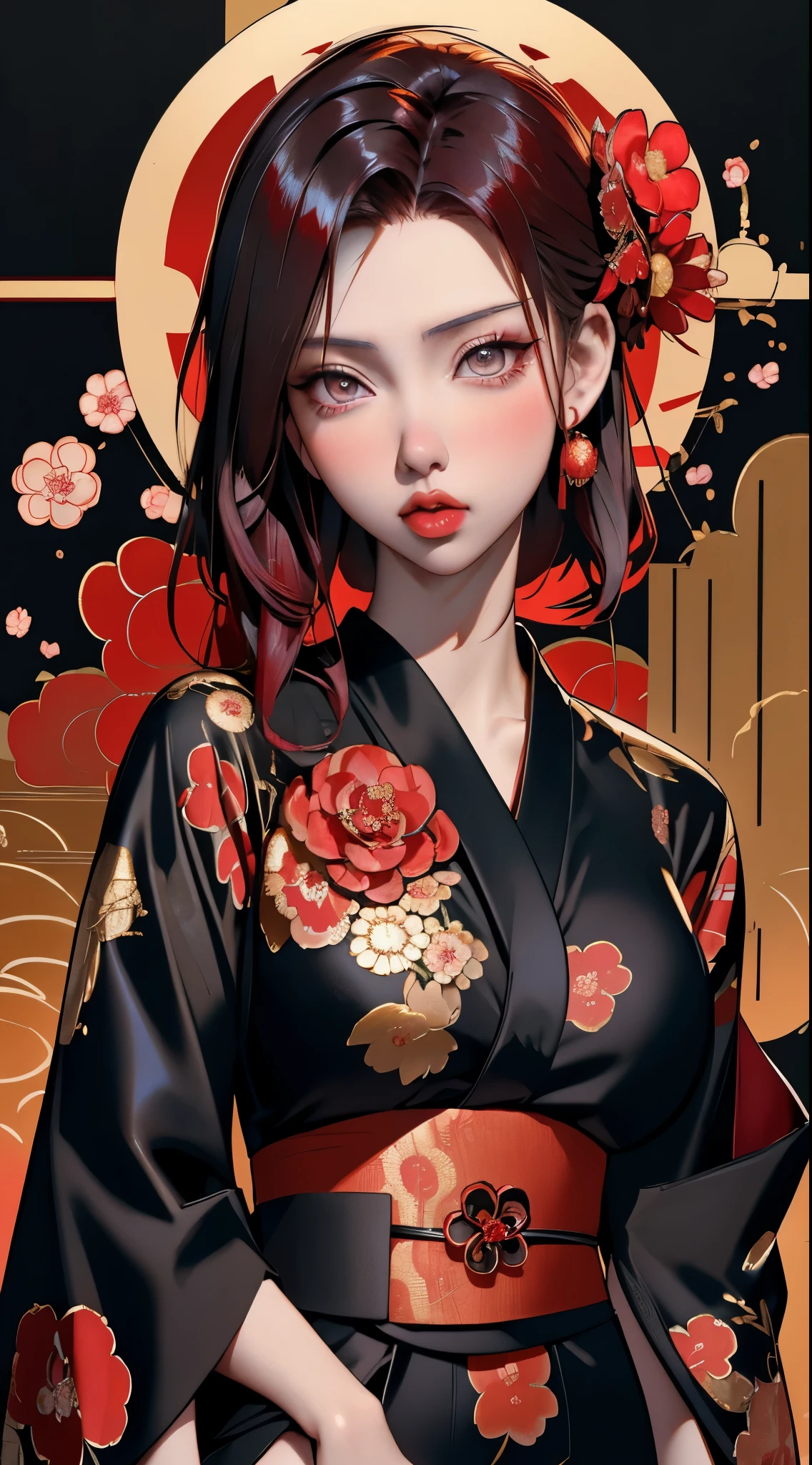 ((Scarlet Johansson)) black widow in a golden red kimono dress with a gold halo, japanese goddess, chie yoshii, elegant japanese woman, portrait of a beautiful geisha, intricate geisha kimono, japanese art style